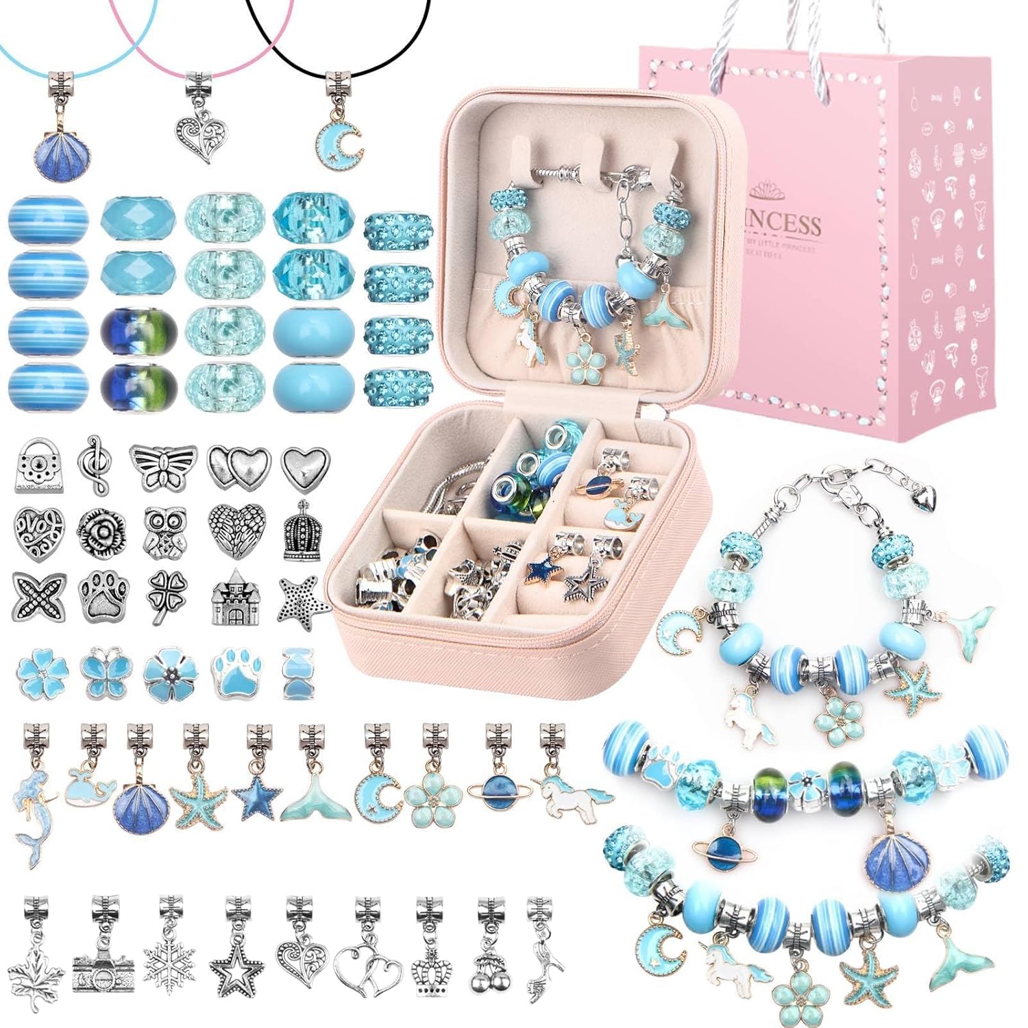 UFU Charm Bracelet Making Kit Girls Beads For Jewelry Making Kit, Unicorns Arts Crafts Gifts Set For Teen Girls Age 5 6 7 8-12, With a Portable Bracelet Organizer Box,D-Blue-1