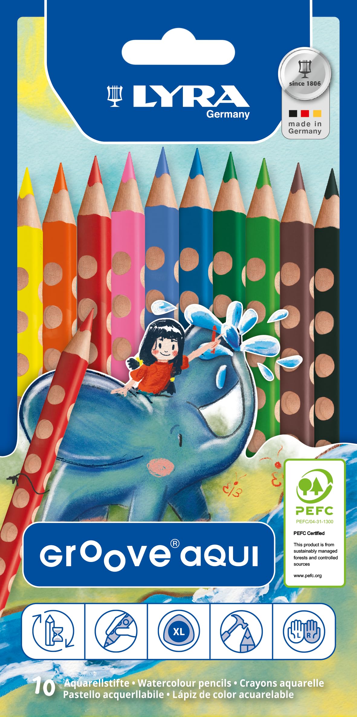 Lyra Groove Aqui, Wooden Colouring Pencils, Triangular, Ergonomic Grip Zone, 4.3 mm Lead, Cardboard Box, 10 Assorted Colours, 10 Count