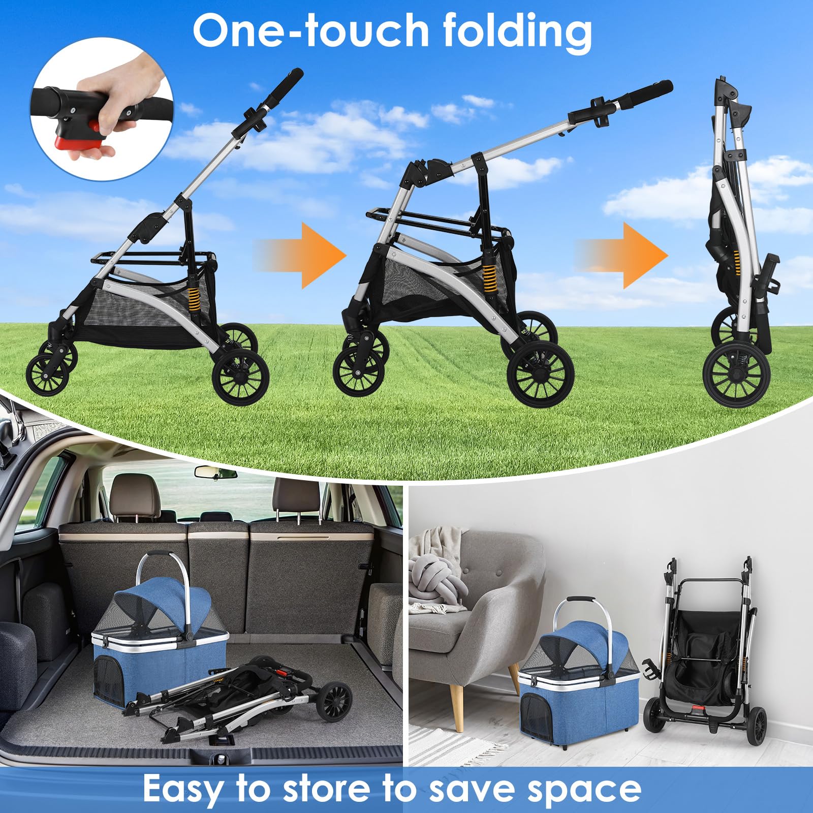 Passeggino per cani 3 in 1, fino a 20 kg, passeggino portatile per animali domestici, con finestre a rete, portabicchieri e ammortizzatori, per cani di piccola e media taglia (Blu)