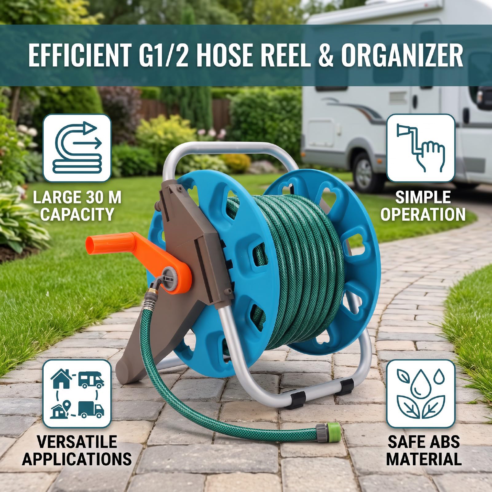 Carrello Portatile per Tubo da Giardino, Tiene 30m di Tubo