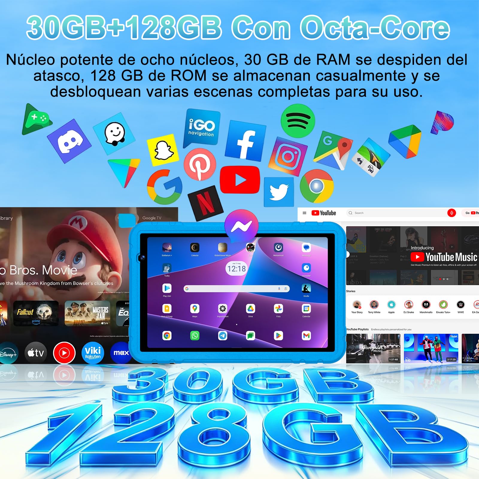 Tablet 10 Pulgadas Android 15 Gemini AI 30+128GB Octa-Core GPS WiFi 6 Widevine L1 8000mAh Control Parental Azul