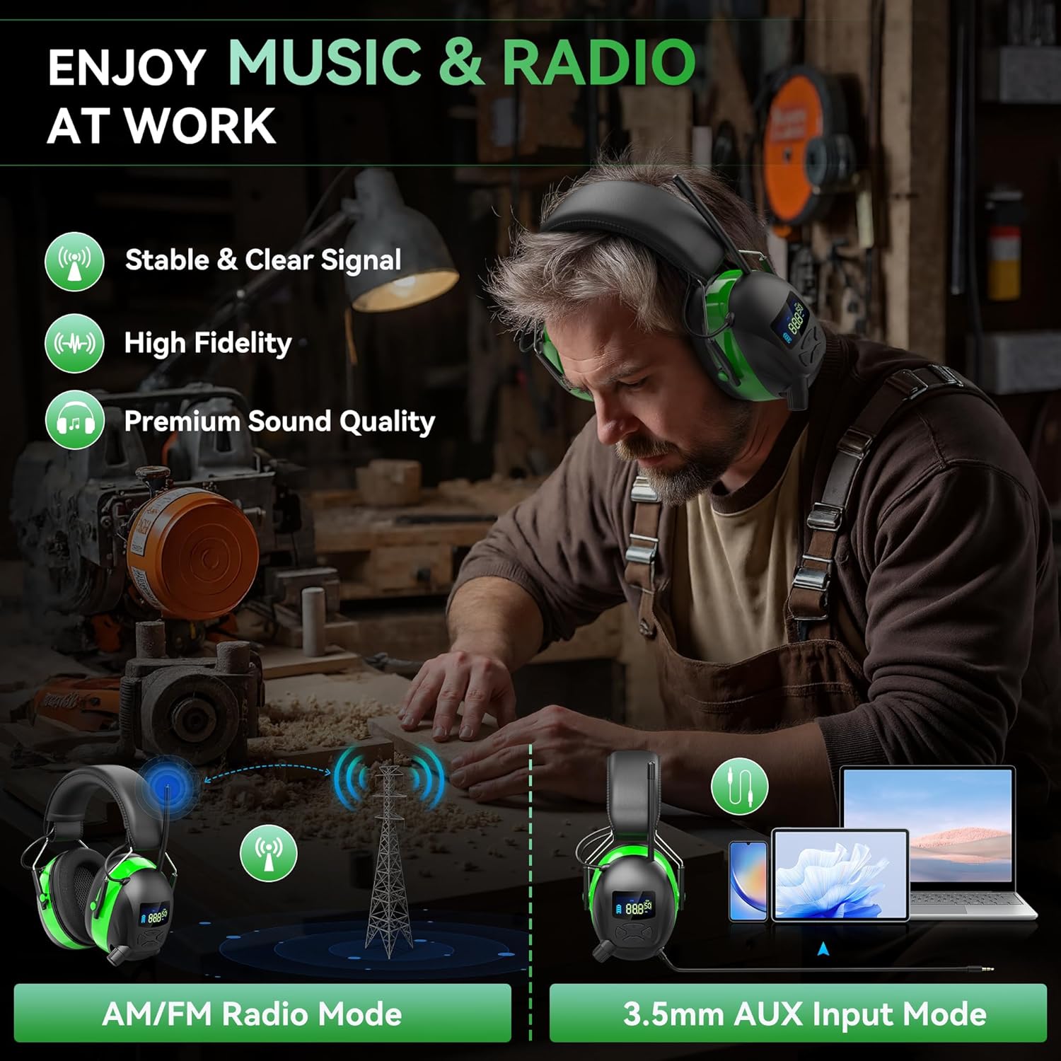 2025 AM/FM Radio Ear Protection Headphones with Backlit Digital Display, 120H Working Time, Rechargeable Hearing Protector, 30dB Noise Reduction Safety Earmuffs for Mowing, Construction, Work, Green - Image 6