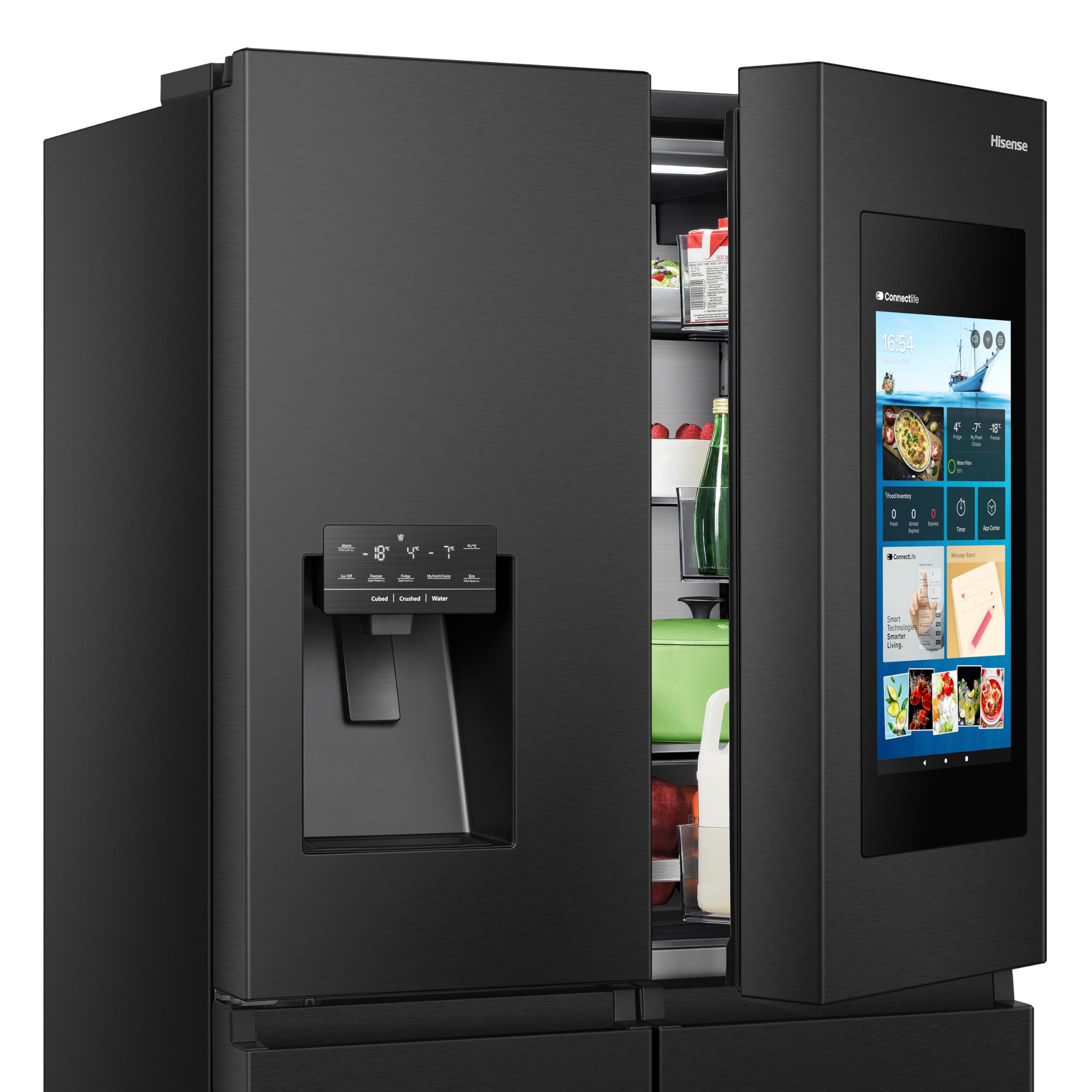 Hisense RQ760N4IFE Cross Door Puerta Americana con dispensador, Total NoFrost, Smart Connectivity con Pantalla & WiFi, MultiFlow,Metal Tech Cooling, E, Negro