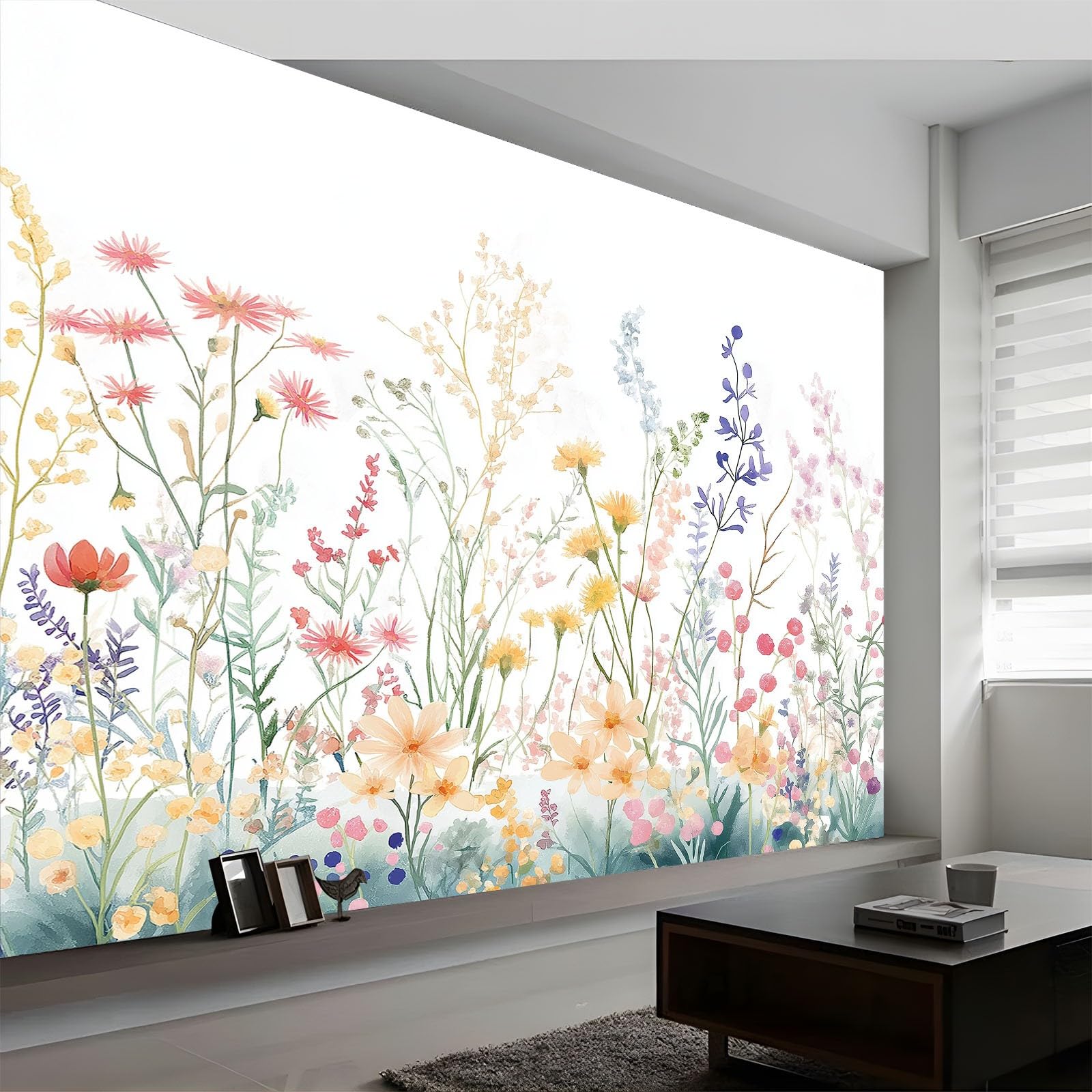 Vlies Fototapete 450 x 280 cm Aquarell Wildblumen Wiese Fototapete und Tapete, Vliestapeten Wandkunst und Wandbild, Weiß dekorative Tapete für Wohnzimmer, Schlafzimmer und Kinderzimmer