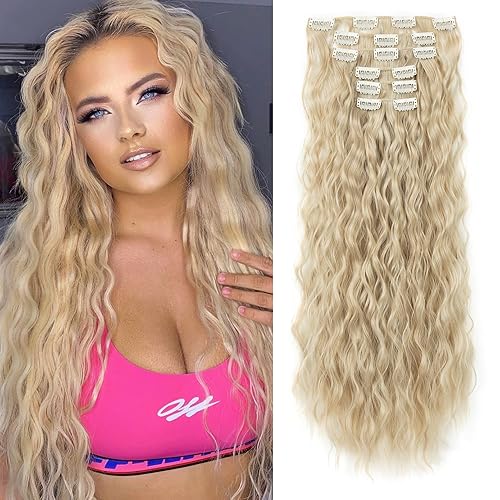 LONAI Extensiones de cabello con clip, 6 unidades, rizado de 24 pulgadas de largo, sintético, postizo para mujer, rubio ceniza natural disponible en Yaxa Peru