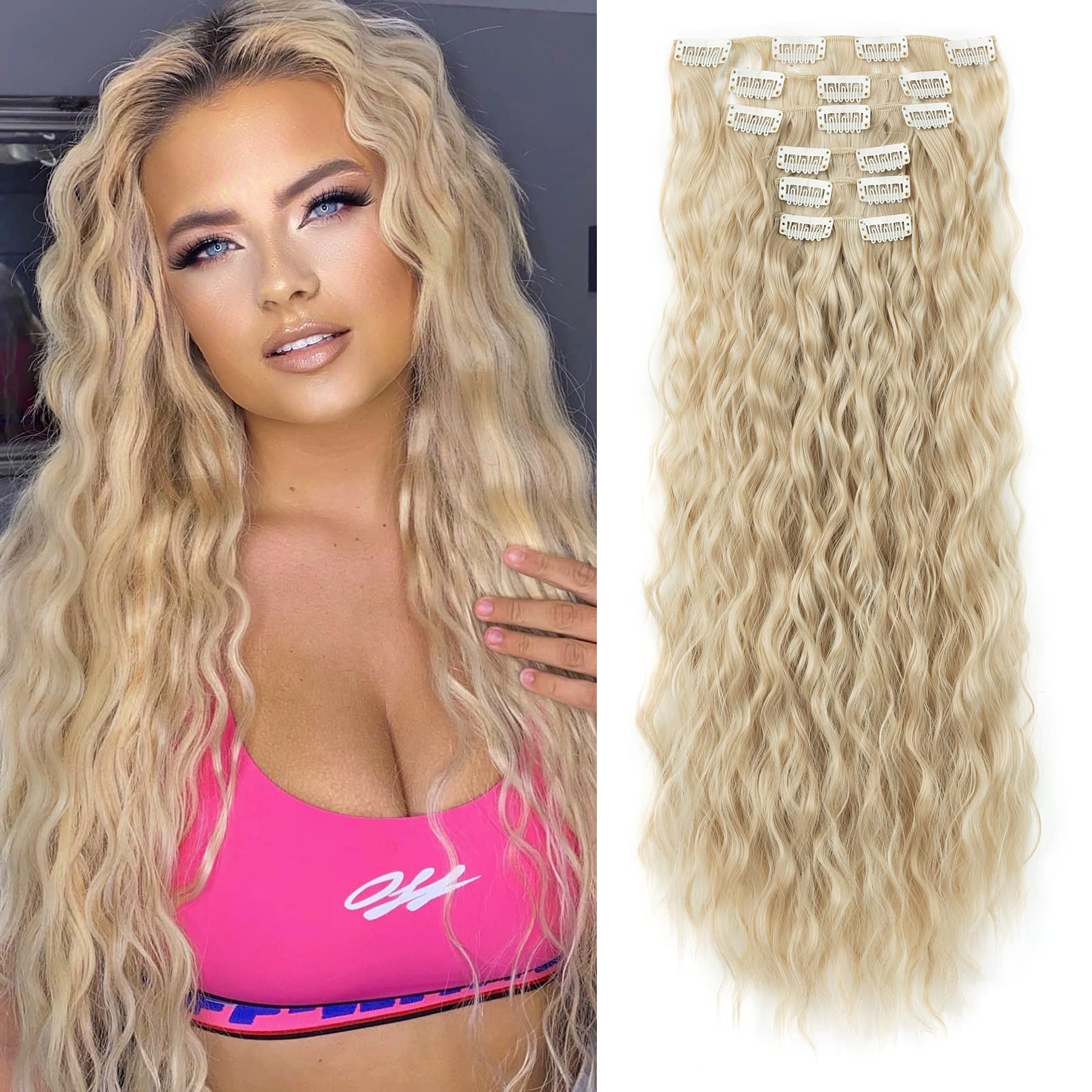 LONAI Clip In Hair Extensions, 6PCS Curly 24" Long Synthetic Clip On Hairpiece For Women Natural Ash Blonde