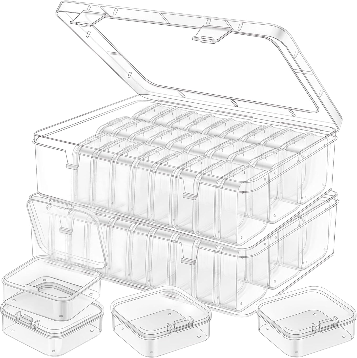 Bead Organizer Box, 60Pcs Small Clear Plastic Storage Containers, 2 Large Craft Organizer Box, Mini Parts Storage Solution for Beading Jewelry Making Diamond Arts Screws Seeds
