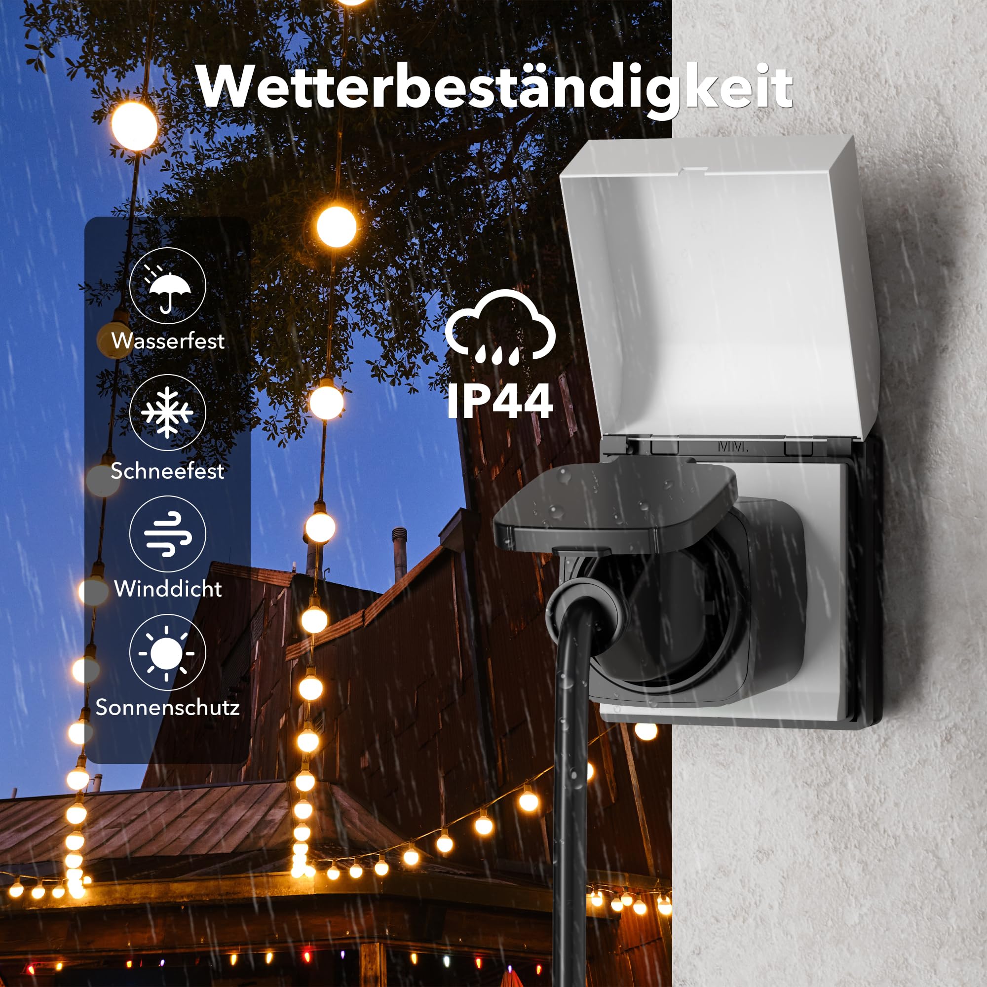 HBN Prise WiFi extérieure, 16 A, minuterie intelligente d'extérieur avec contrôle d'application, commande vocale, prise extérieure IP44 Alexa, compatible avec Alexa et Google Home, 2,4 GHz, noir