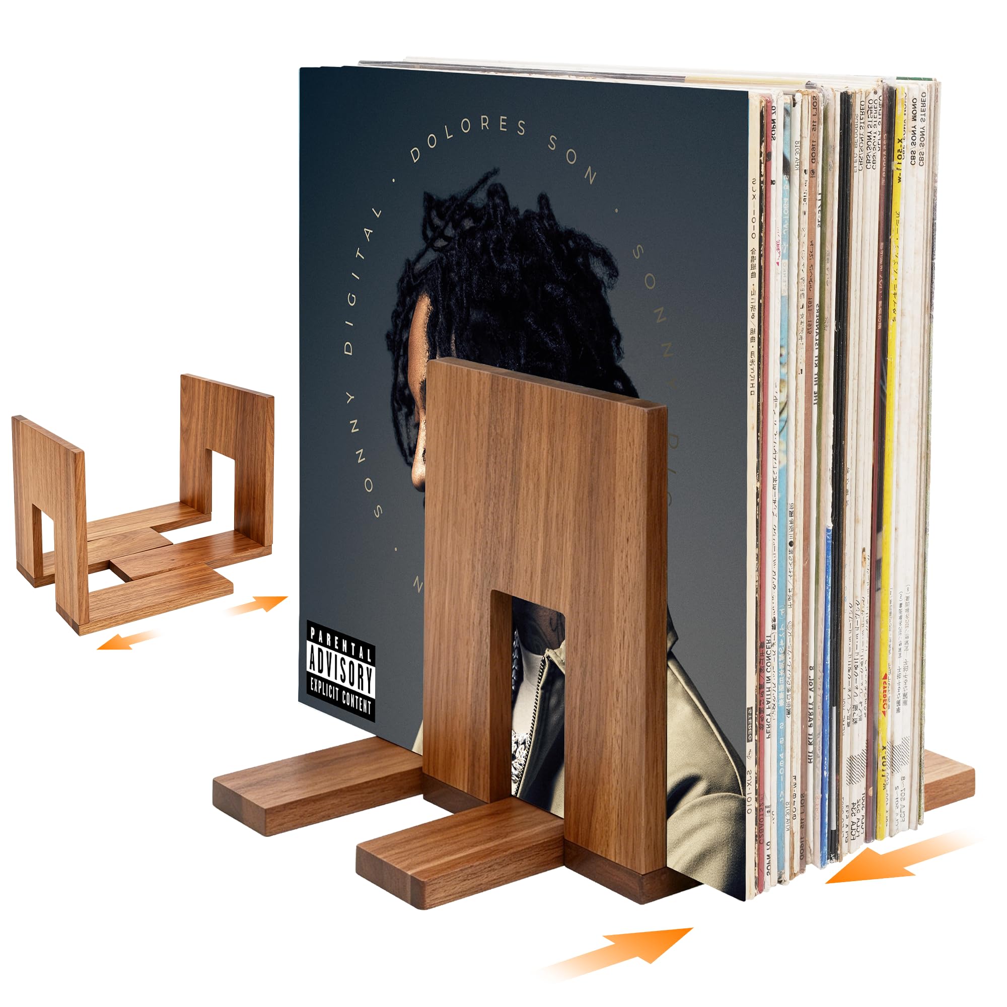 QUALLON Adjustable Vinyl Record Holder Solid Acacia Wood, 20–60 LP Upright Storage Stand with Now Playing Display, Modern Wooden Vinyl Record Storage Organizer for Home Desktop Office