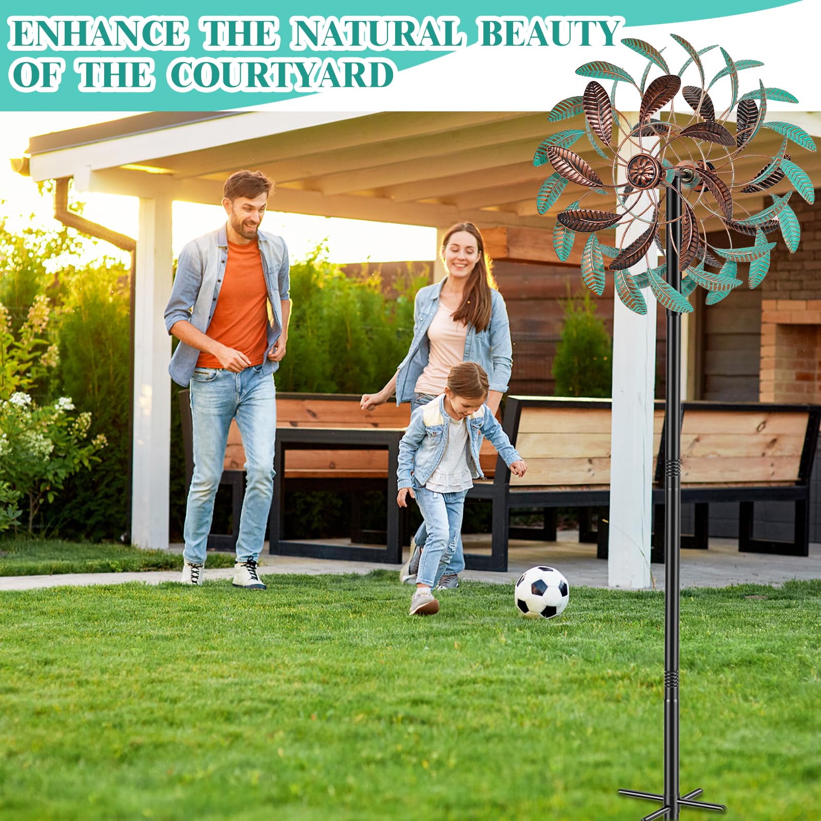 360°-Windspiel für den Außenbereich, Windskulpturen, Windmühle mit Metallpfahl, kinetisch, groß, Metall, Hof, Kunst, Dekor, Spinner, Windräder für Garten, Außenbereich, Terrasse, Rasen, 160,5 x 33,5