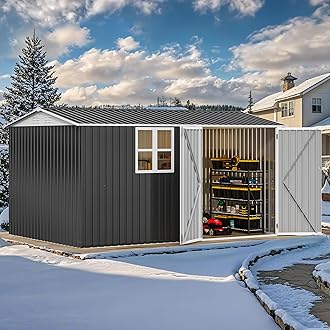 DWVO 12' x 8' Outdoor Storage Shed, Waterproof Metal Garden Shed with Windows, Lockable Doors, and Sloped Roof for Patio, Backyard, Lawn, Tool Storage, Bike Shed, Pet Shelter (Gray + White)
