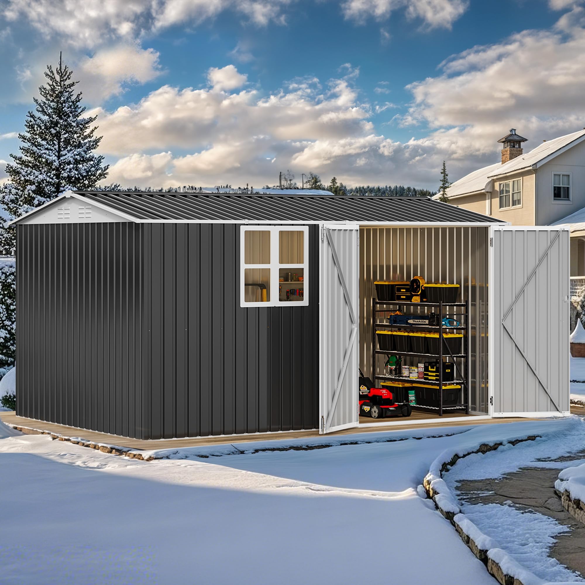 DWVO Metal Outdoor Storage Shed, Lockable Tool Storage Sheds, Oversized Steel Garden Sheds with Sloped Roof for Backyard, Patio, Garage, Lawn