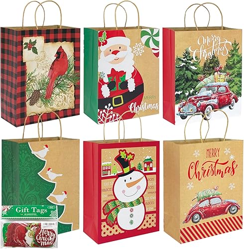 Party Funny 24 bolsas grandes de papel para regalos de Navidad de Kraft al por mayor con asas y 60 etiquetas para regalos de Navidad - 12 diseños,