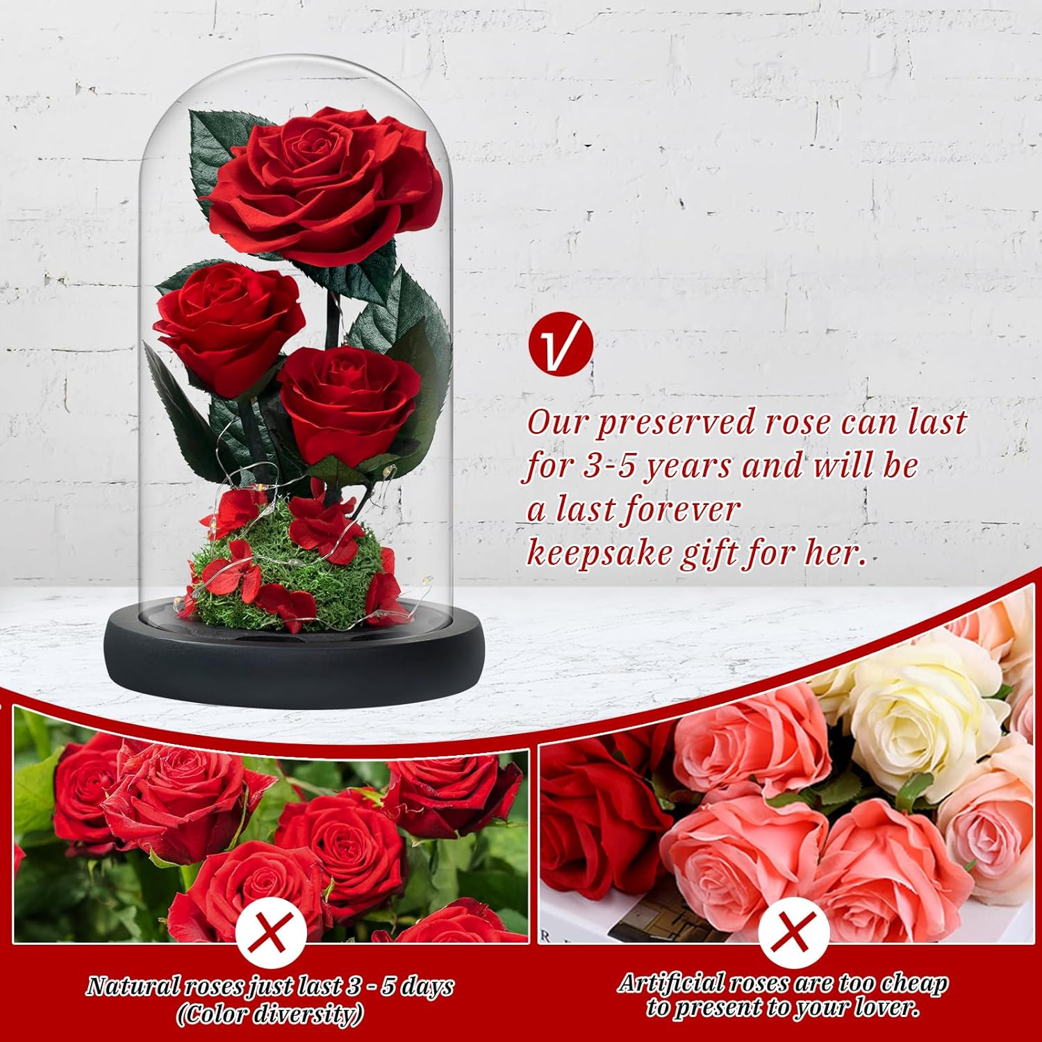 3 Preserved Flowers Roses in Glass Dome with Light for Beauty and The Beast Decor Real Rosas Eternas for Women Mom Birthday,Forever Red Roses for Delivery, Gifts for Wife Girlfriend Her - Image 5