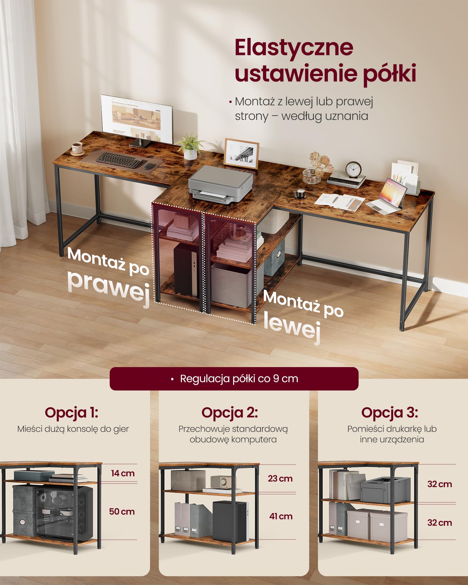 VASAGLE Biurko narożne w kształcie litery L, biurko komputerowe z funkcją przechowywania, dwustronne półki z regulacją wysokości, do domowego biura, 110 x 80 cm, rustykalne brązowe LWD135KD01