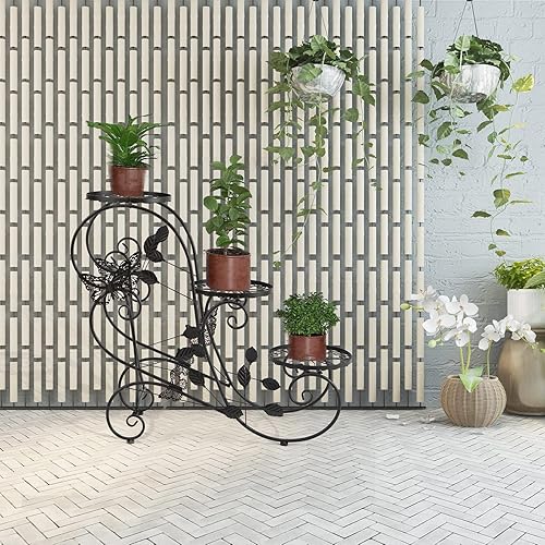 Miniatura 8 de HLC Soporte de metal para plantas de 3 niveles, soporte de macetas para interiores y exteriores, estante de exhibición de plantas para jardín,
