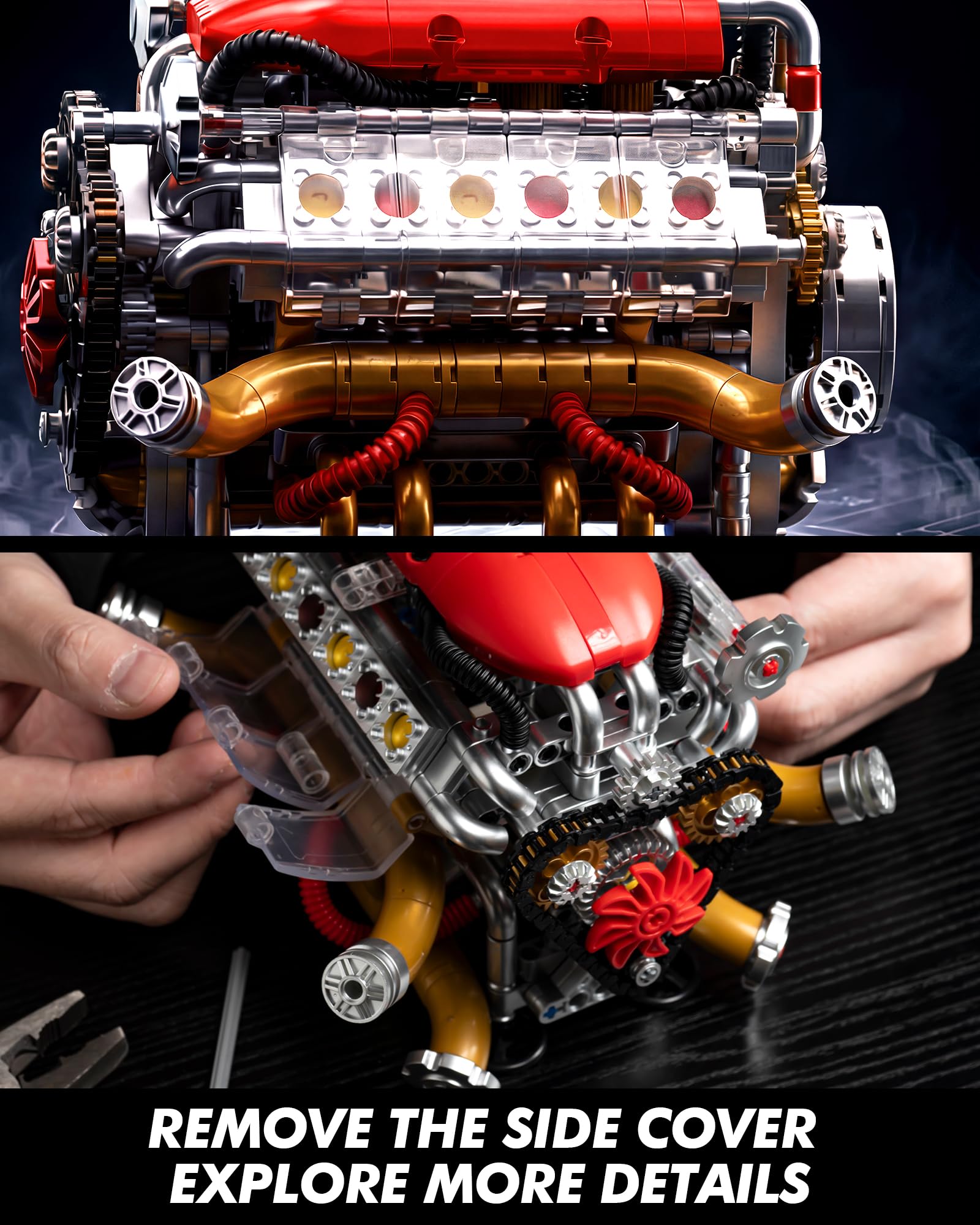 JSINMA V12 Kit de construction mécanique motorisé pour adultes avec pistons mobiles visibles, couvercle latéral transparent, cadeau pour les amateurs de voitures, 620 pièces