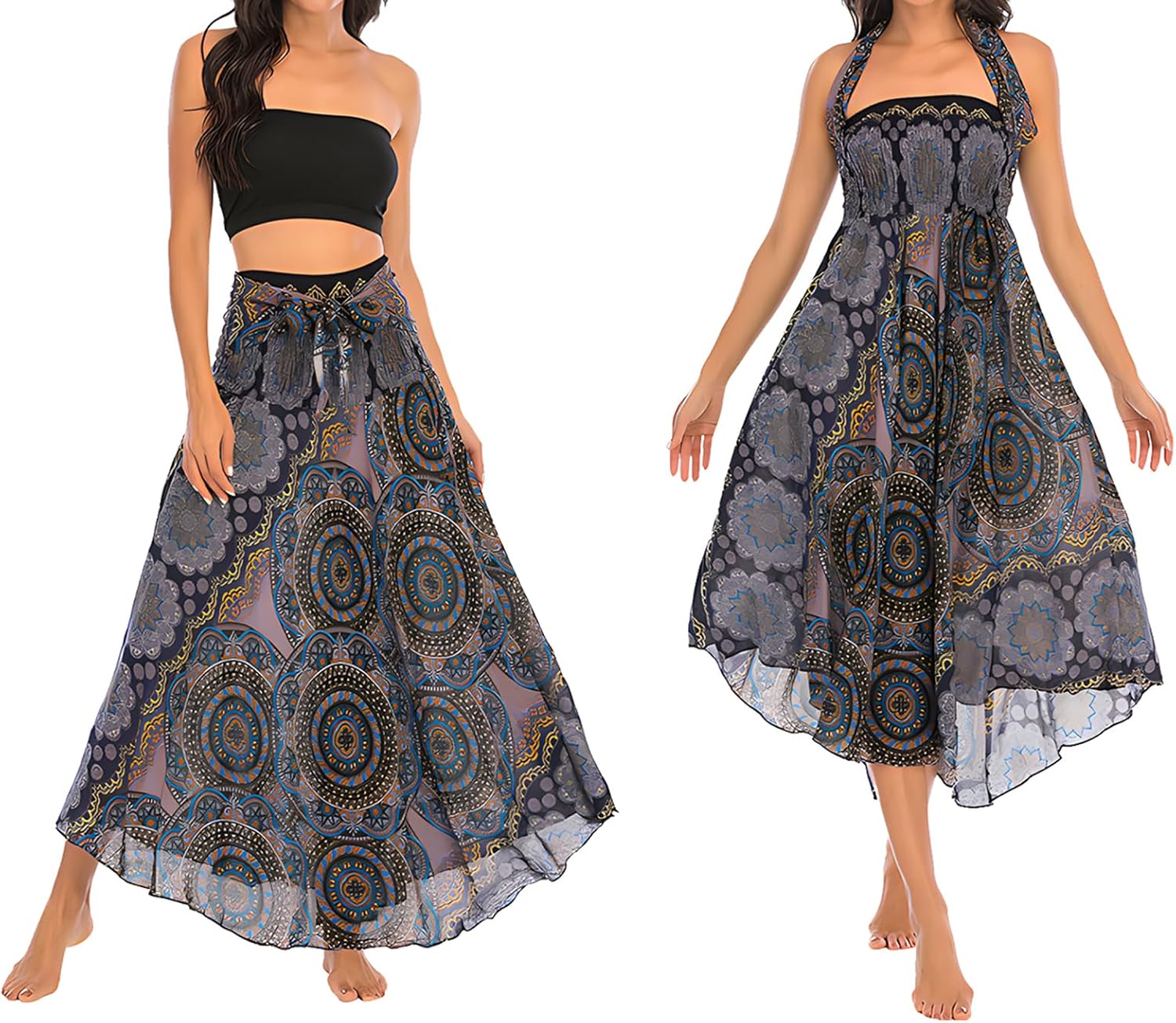 Gonna-Abito Lunga Bohemien Pieghettata - Vestito Fluente 2 In 1 Per Estate E Spiaggia - Foto 10