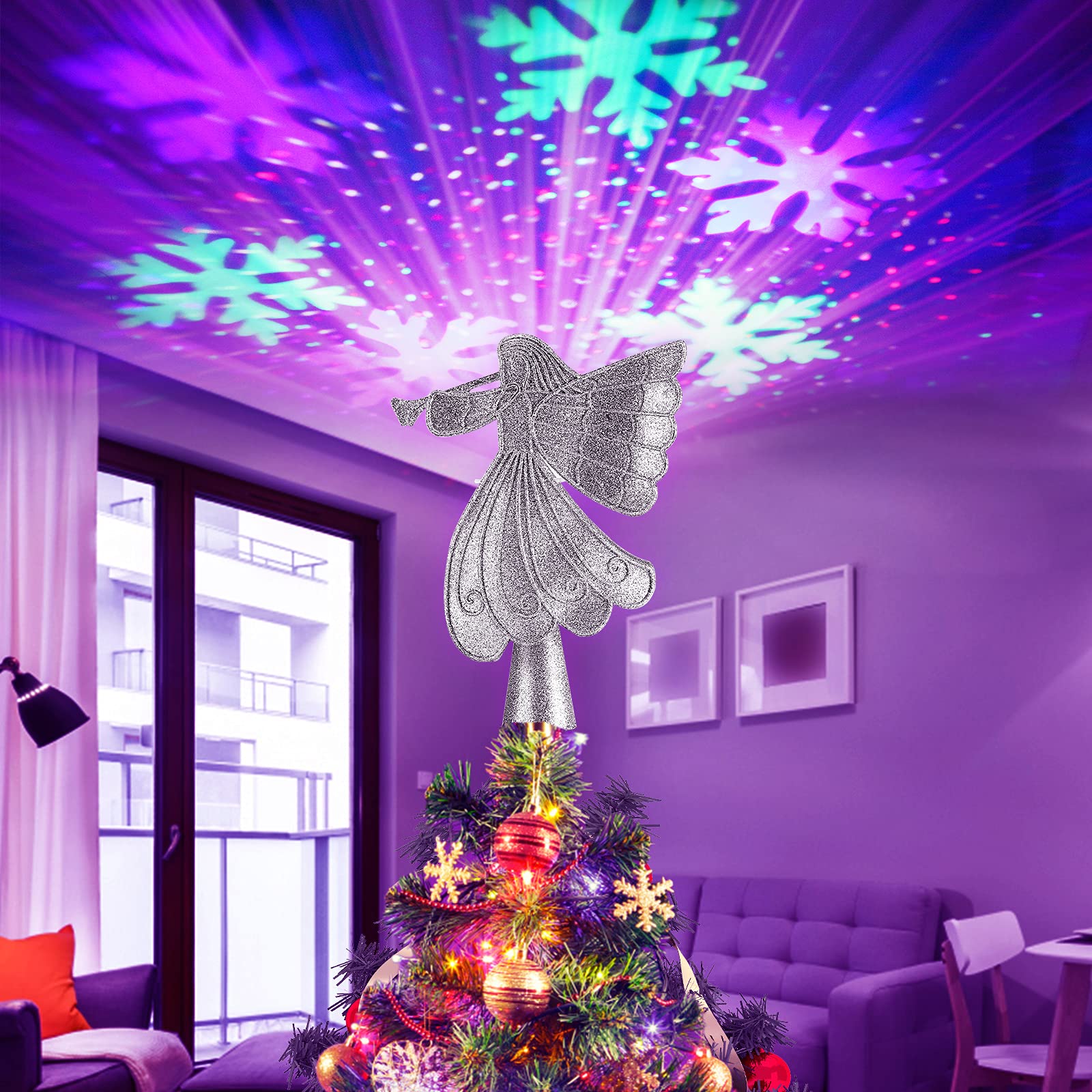 Photo 1 of Christmas Tree Topper, Angel Christmas Tree Topper Lighted with Rotating Snowflake Led Projector,3D Glittered Tree Angel Topper Night Light Christmas Tree Decorations(Silver) Angel-silver-colorful Snowflakes