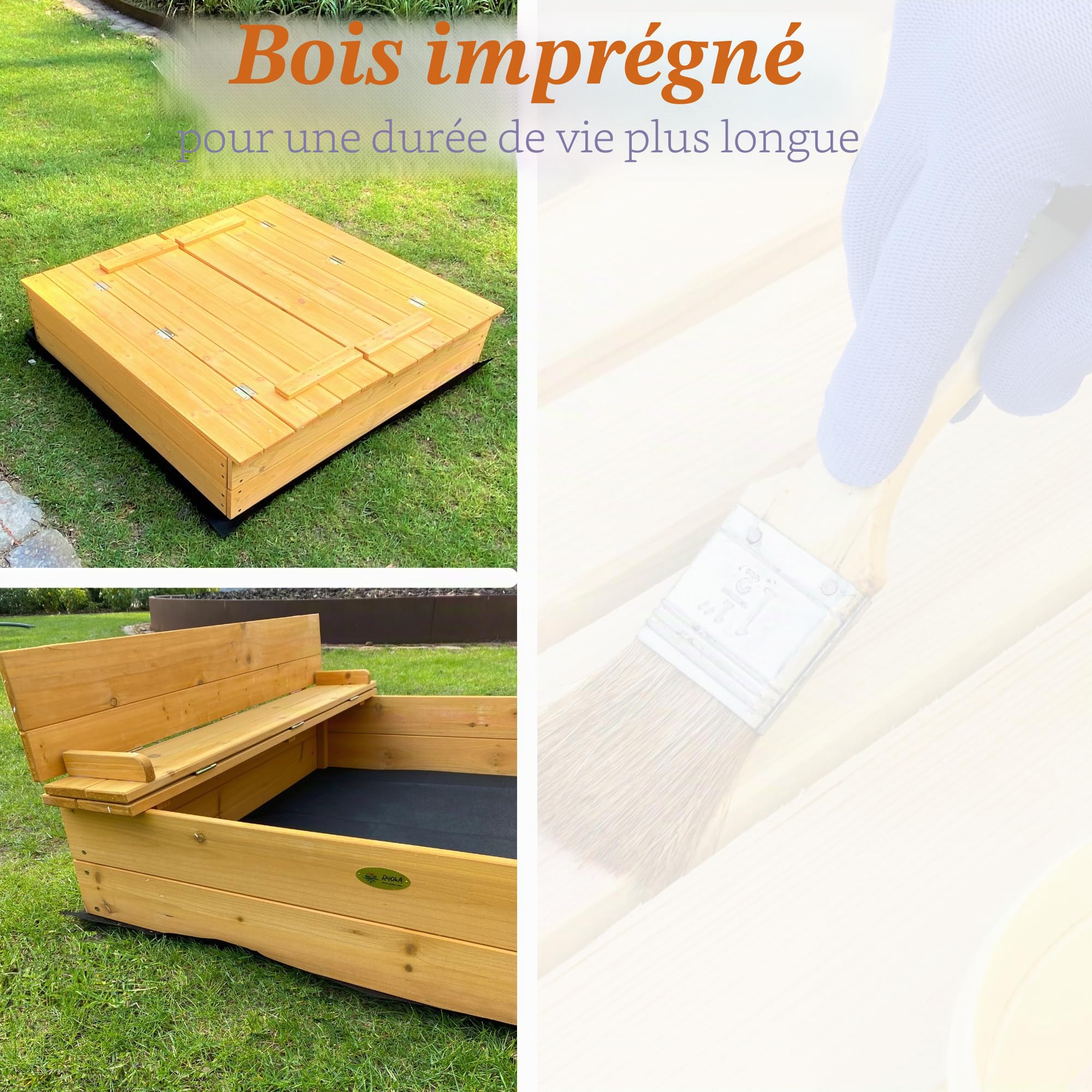 Bac à sable en bois - Pliable - 2 banques - Bâche de sol incluse - 127x123x23cm