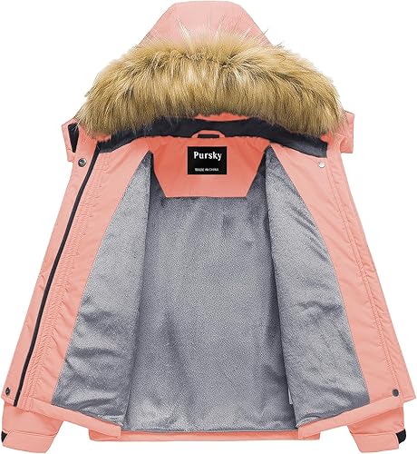 Miniatura 3 de Pursky Chaqueta de esquí impermeable para niña, abrigos de nieve de invierno para niños, chaqueta impermeable de forro polar