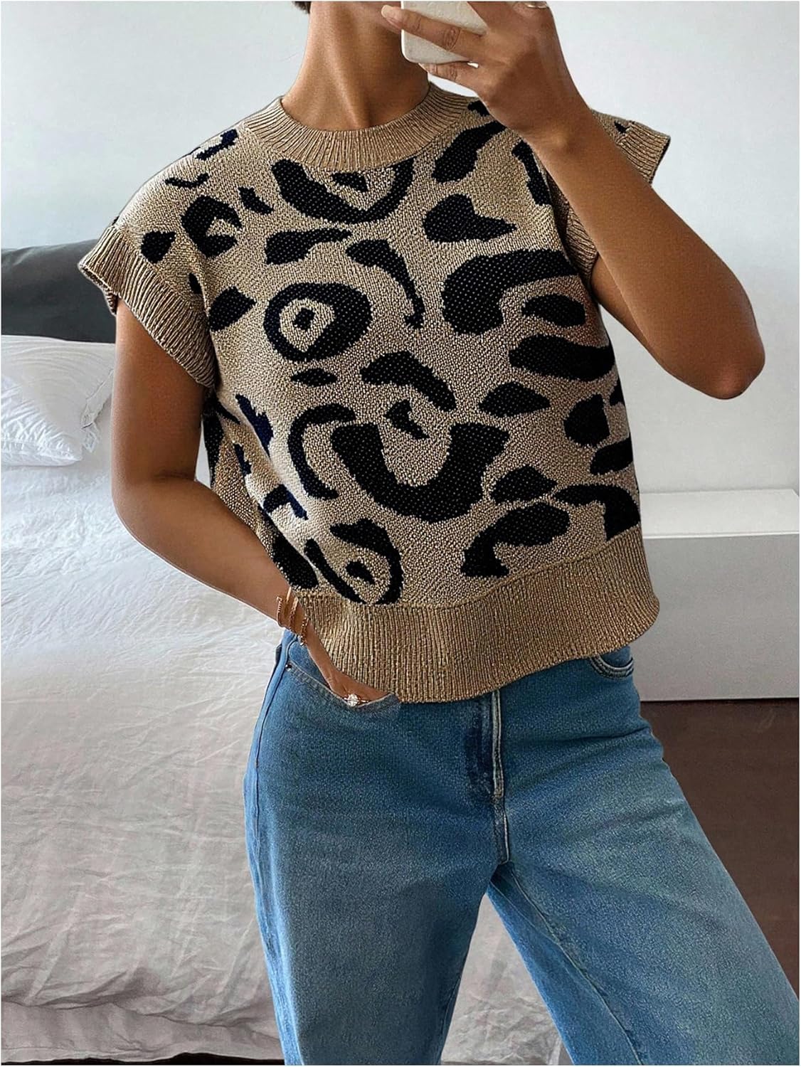 SOLY HUX Women's Short Sleeve Sweater 3D Floral Sweaters Pullover Tank Tops Knit Vest Trendy Fashion Clothing Brown Leopard Medium - Image 2