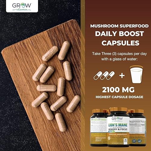 Miniatura 4 de grow vitamin Cápsulas de suplemento de melena de león orgánica de 2100 mg Enfoque, claridad mental y cognición Suplemento de hongo de melena de