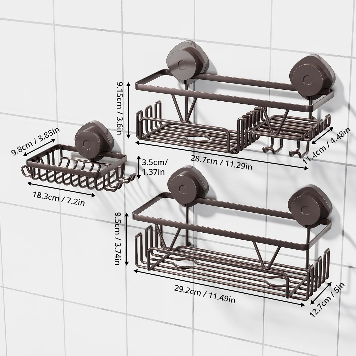 KEGII Suction Cup Shower Caddy – 3 Pack Suction Cup Shelf with Soap Holder & Hooks, Rustproof Stainless Steel Shower Organizer, Removable No Drilling Bathroom Storage Rack, Bronze