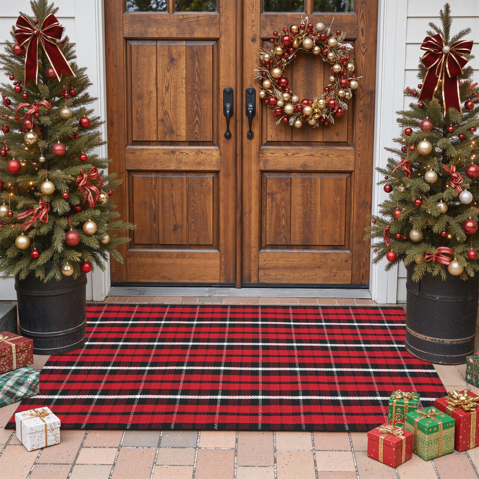 LEEVAN Christmas Outdoor Rug 2x4 Xmas Buffalo Plaid Washable Small Front Porch Door Mat Black and Red Checkered