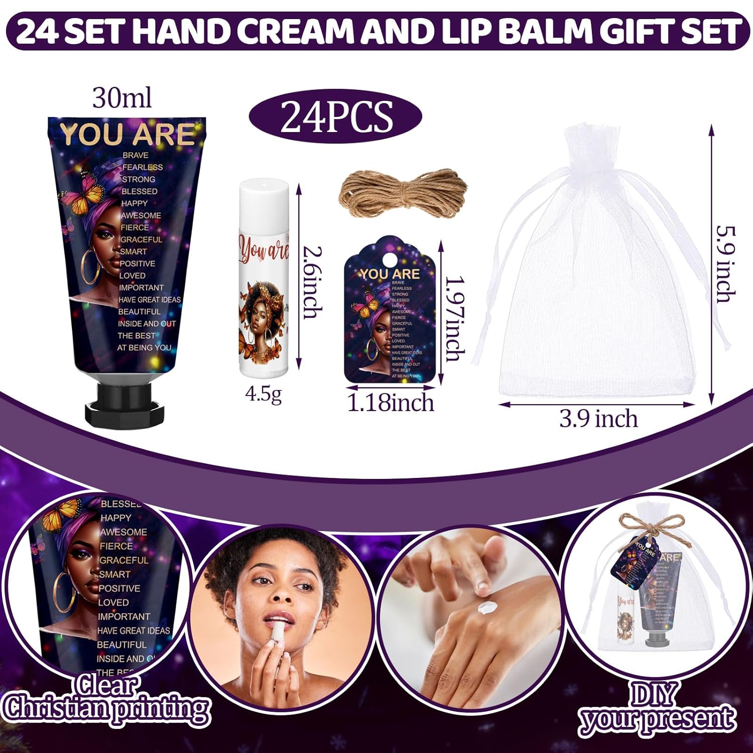 24 Sets Christian Hand Cream and Lip Balm Gift Set Christian Gift for Women Travel Size Hand Lotion Bible Verse Lip Balm Bulk for Baby Bridal Shower Mom Mothers Day Gifts(African American)