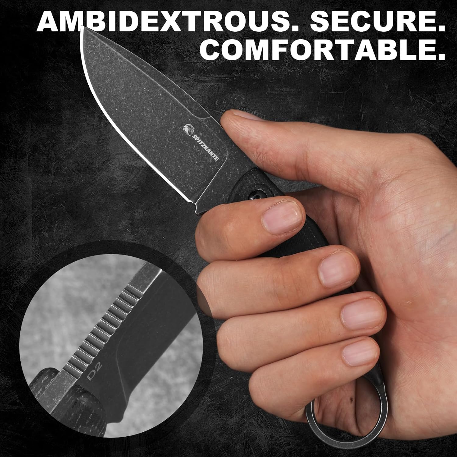 SSH-A Fixed Blade Survival Knife with Rotating Clip, D2 Steel Full Tang 6.92" Small EDC Horizontal Carry Tactical Knife with Kydex Sheath, Stonewashed Black – Micarta Handle