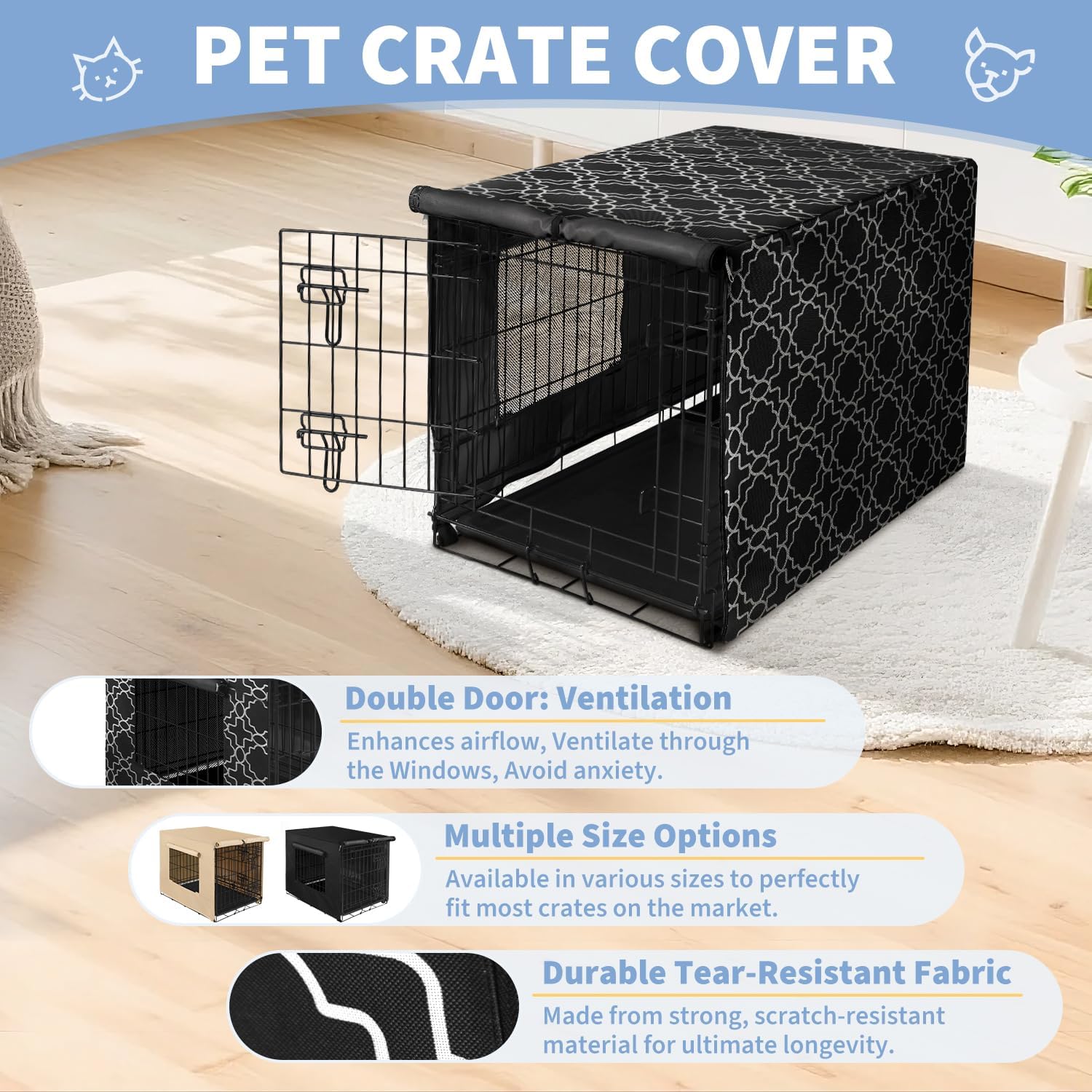 X-ZONE PET 24" Dog Crate Cover for Indoor/Outdoor - Heavy Duty Polyester Pet Kennel Cover Fits for Wire Dog Cage Black Print