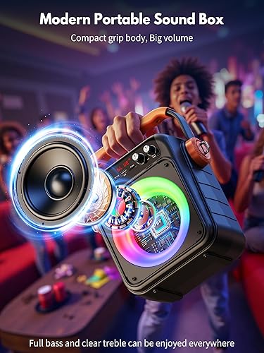 Miniatura 6 de Máquina de karaoke, portátil Bluetooth 5.2 Karaoke con 2 micrófonos inalámbricos, woofer y ajuste de agudos de graves y agudos, altavoz de karaoke