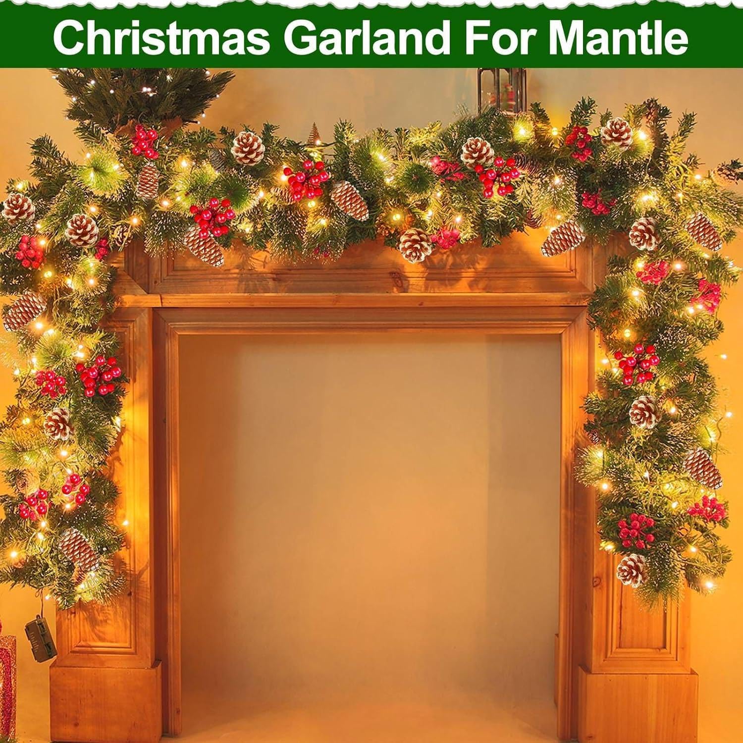 Guirnalda de Navidad prémium de 9 pies con 50 luces LED, 15 conos de pino, 32 bayas rojas y 260 ramas exuberantes | 8 modos de iluminación, funciona con pilas con temporizador | para decoración