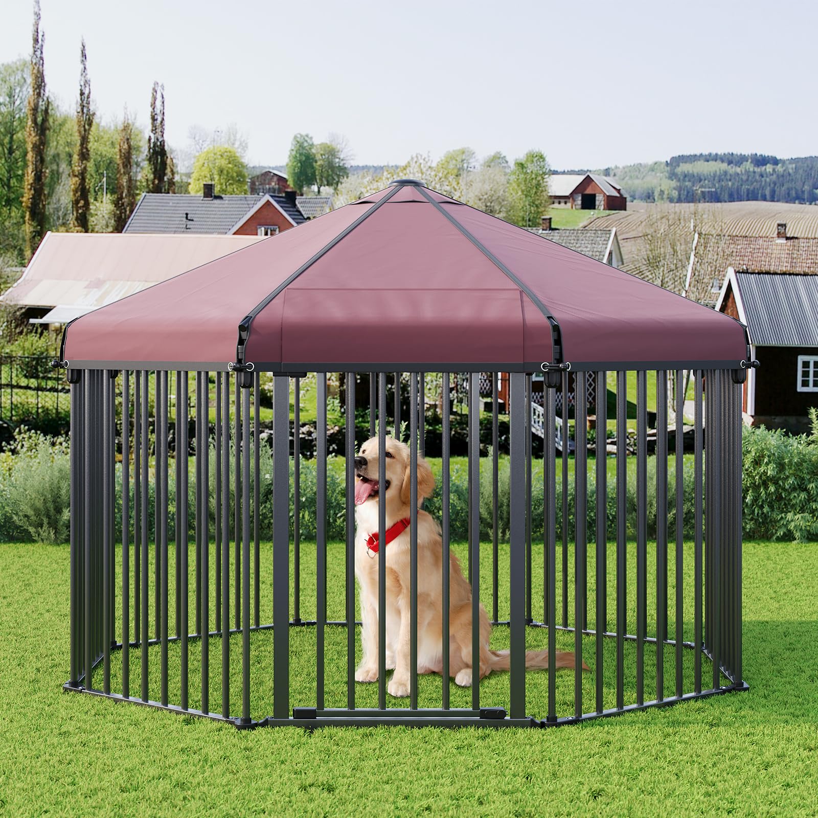 Large Dog Kennel Outside with Roof, Outdoor Dog Kennel with Metal Gate, Heavy Duty Hexagonal Dog Kennel with Lock for OuLarge Dog Kennel Outside with Roof, Outdoor Dog Ketdoor Backyard (4.9x4.9x3.6FT)