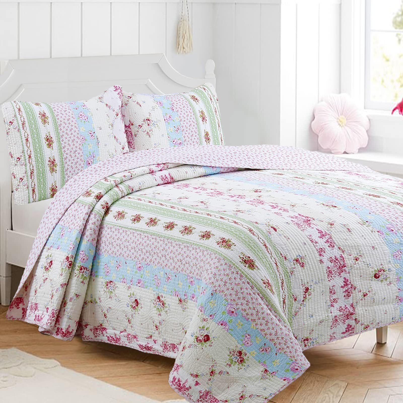 Cozy Line Home Fashions Wild Rose Floral Striped Cotton Reversible Quilt Bedding Set, Coverlet, Bedspread (Wild Rose, Twin - 2 Piece)