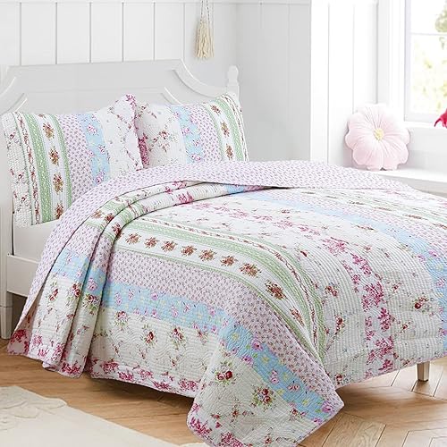 Cozy Line Home Fashions - Juego de colcha reversible de algodón con estampado de flores