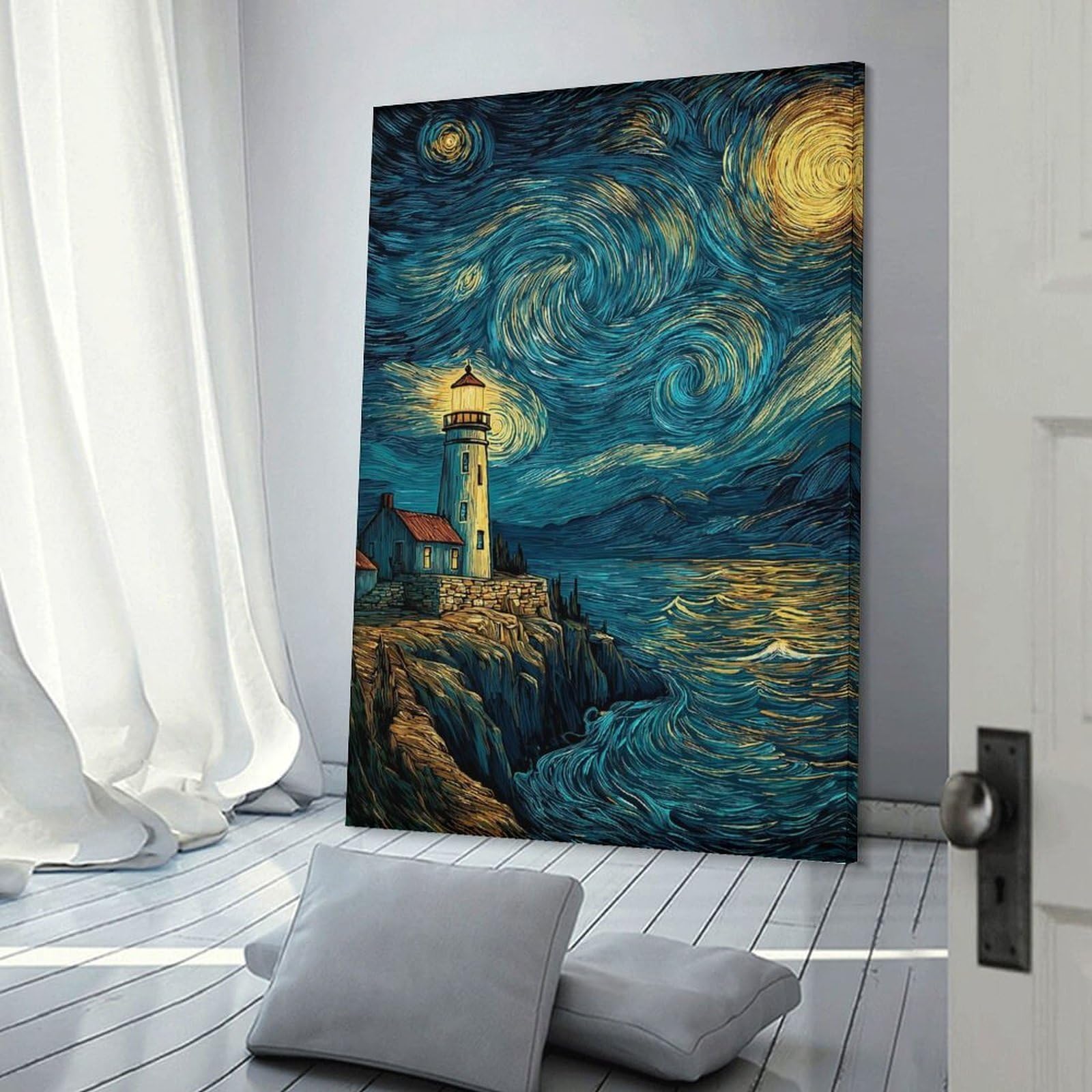 Junmoney Frame-Style-2 Lighthouse At Night With Swirling Sky Wall Picture Print, 24X36inch(60X90cm), For New Homes, Bedrooms Or Workspaces, Thoughtful Wall Decor For Art Lovers