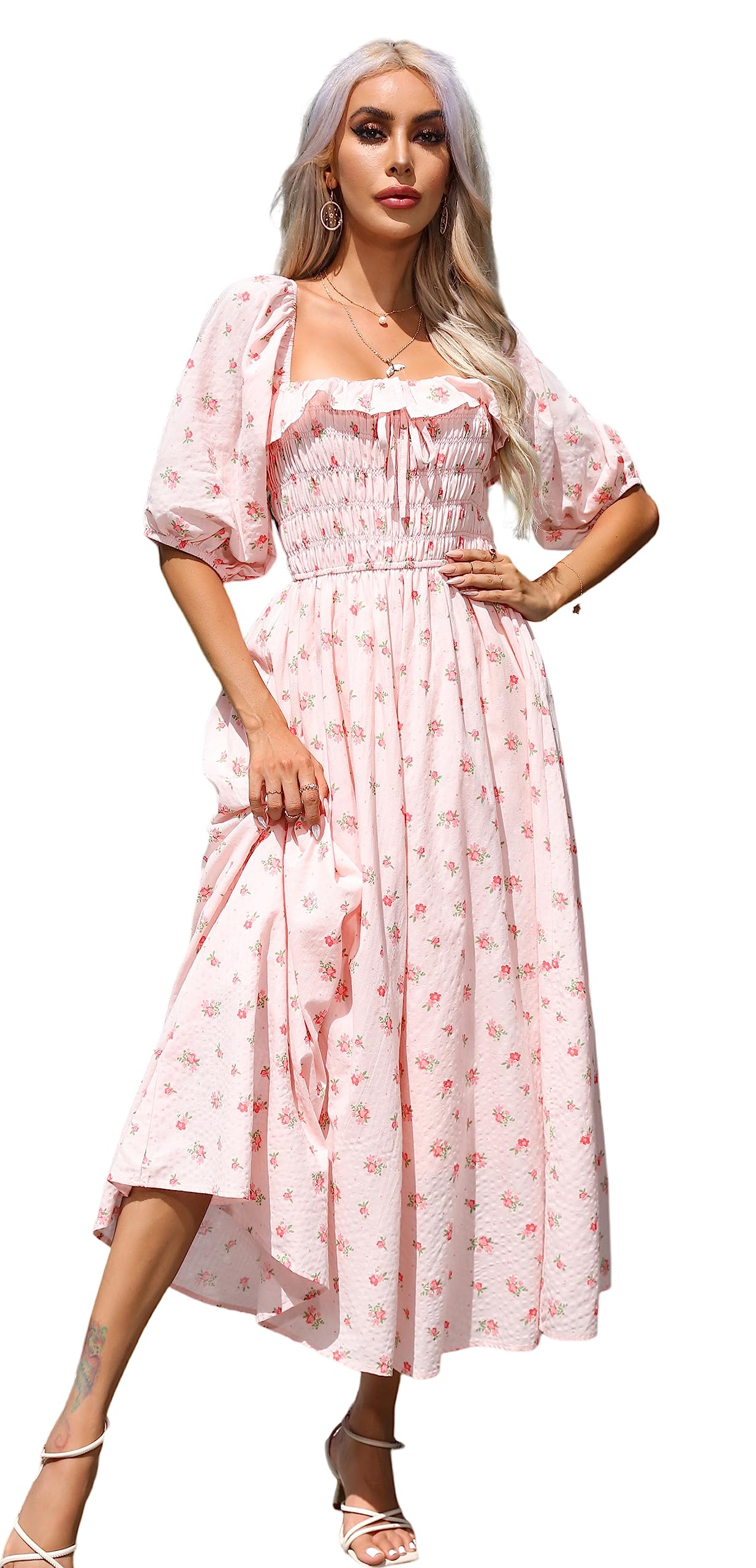 R.Vivimos Women Summer Cotton A Line Flowy Long Dresses | Half Sleeve, Ruffled, Vintage Elegant, Smocked Backless Dress, Maternity Shoot, Baby Shower, Casual Vacation Outfits
