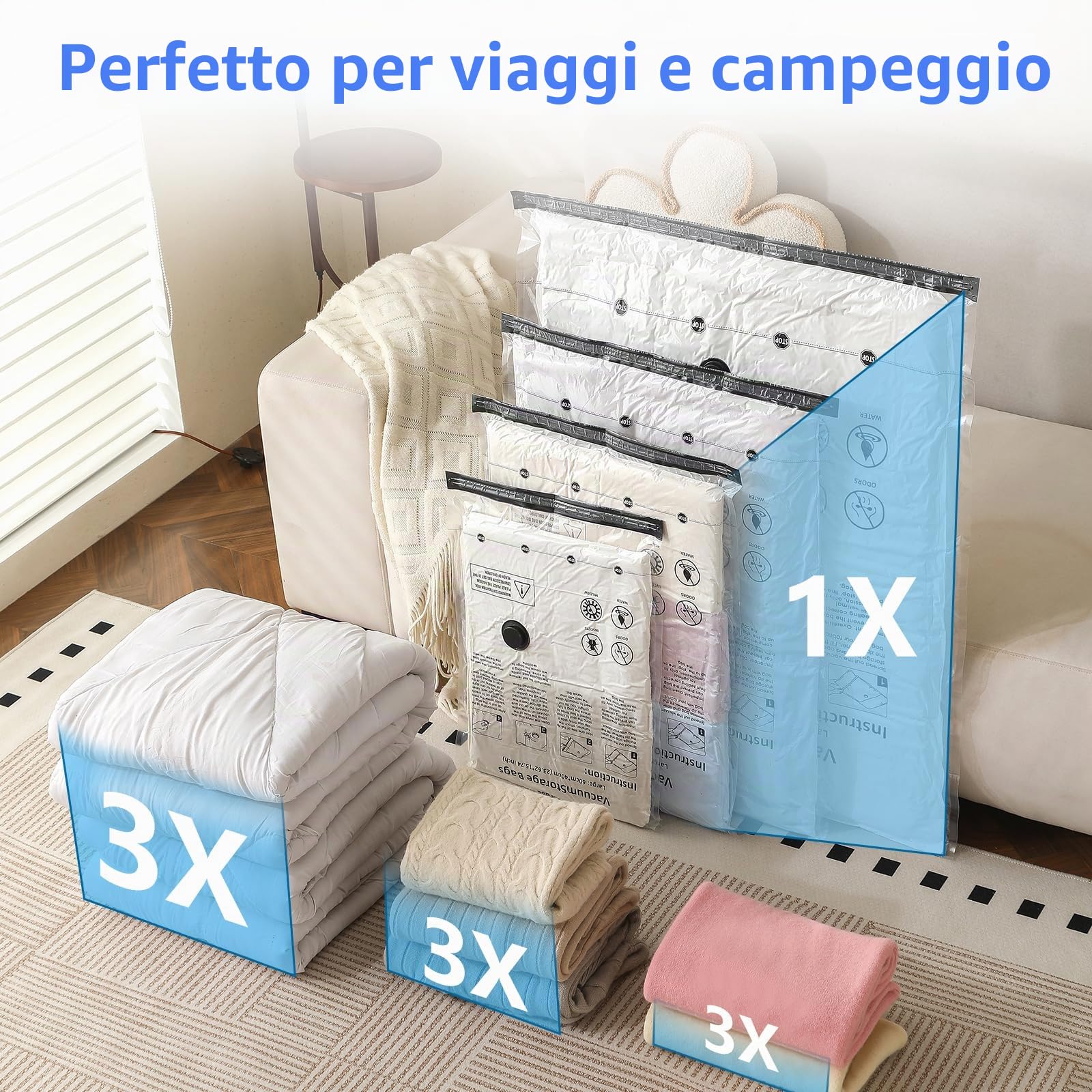 Sacchetti Sottovuoto Vestiti con Pompa Elettrica, 10 Pezzi Buste Sottovuoto Vestiti (2 Jumbo, 2 Grandi, 3 Medi, 3 Piccoli), Sacchi Sottovuoto Piumoni per Coperte, Piumini, Cuscini, Maglioni