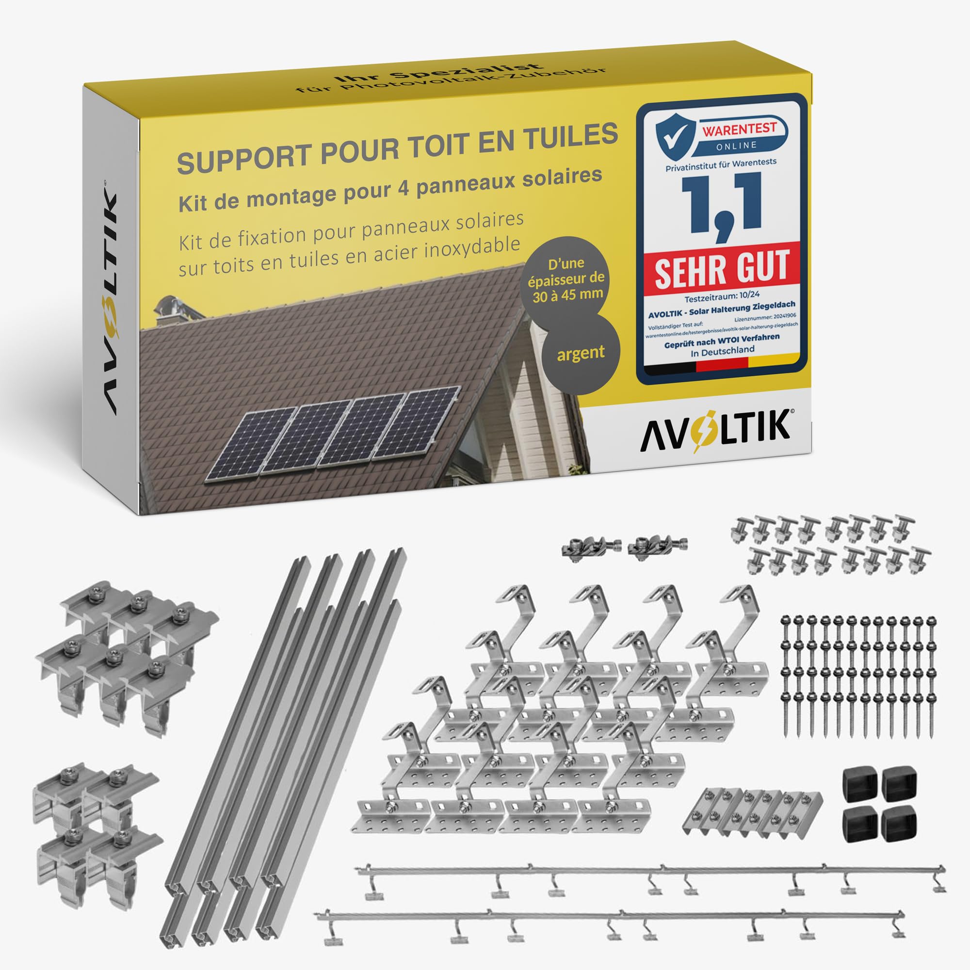 Support solaire pour toit en tuiles | Kit de montage pour 4 panneaux I Lot de crochets de toit en acier inoxydable 3 fois fixés. Pinces de rail de montage en aluminium