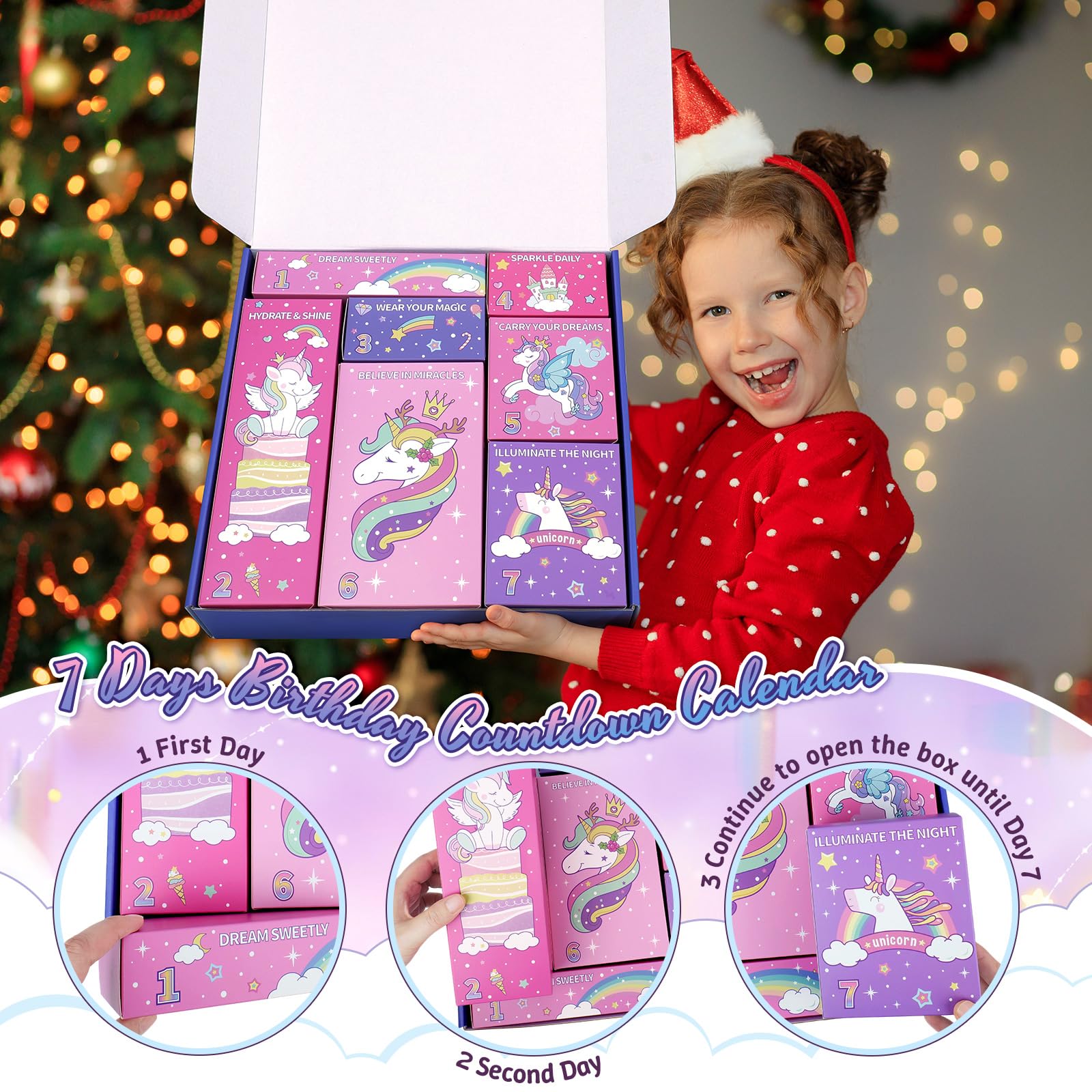 Calendario dell'Avvento con unicorno 7 giorni, scatola regalo per ragazze, conto alla rovescia con unicorno, regalo di compleanno per ragazze da 3 4 5 6 7 8 9 10 anni, calendario del conto alla