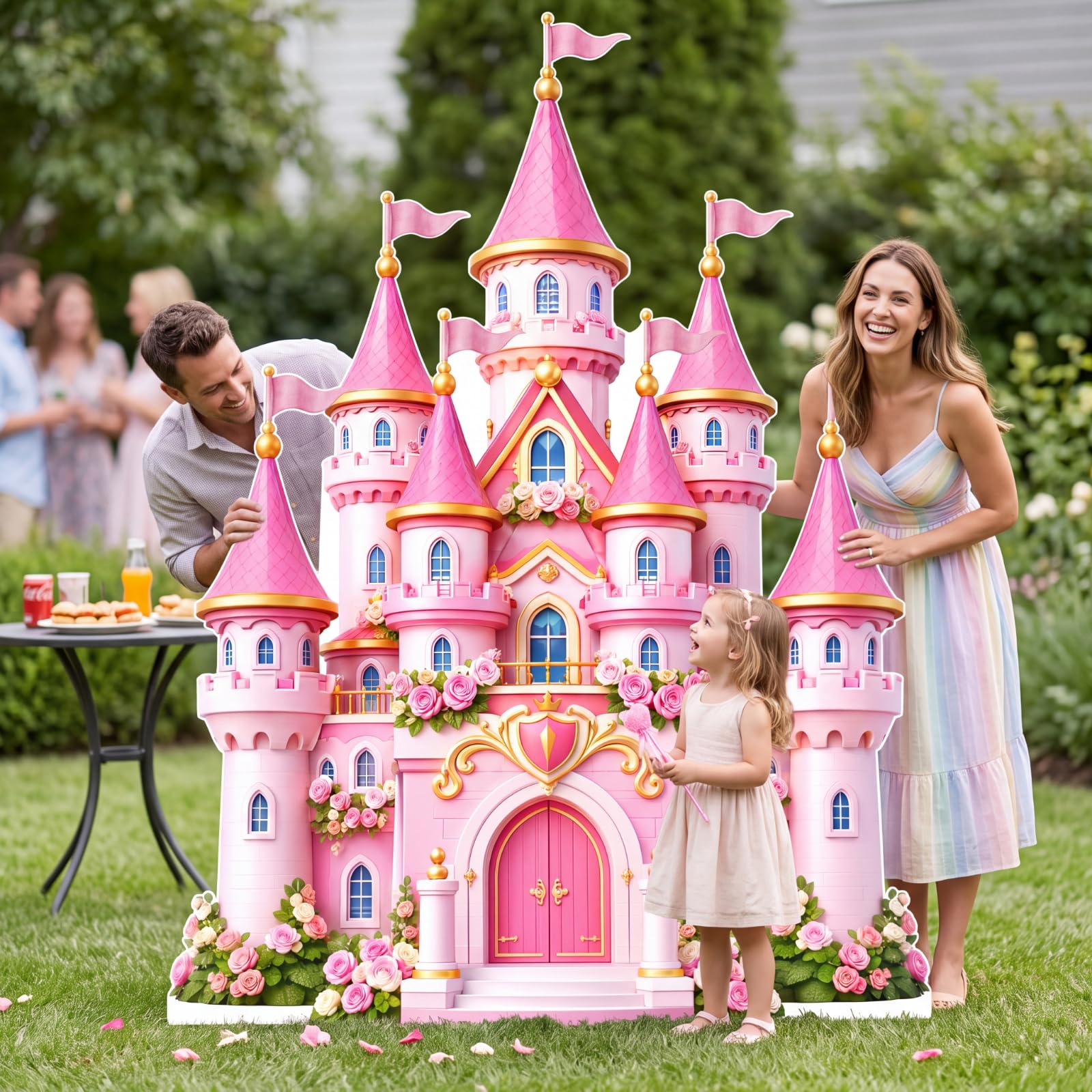 Qunclay 4.5 ft Pink Princess Castle Cardboard Cutout Fairy Tale Castle Party Decoration Life Size Photo Booth Prop Standee Stand up 3D Display Backdrop Decor for Birthday Tea Party Baby Shower