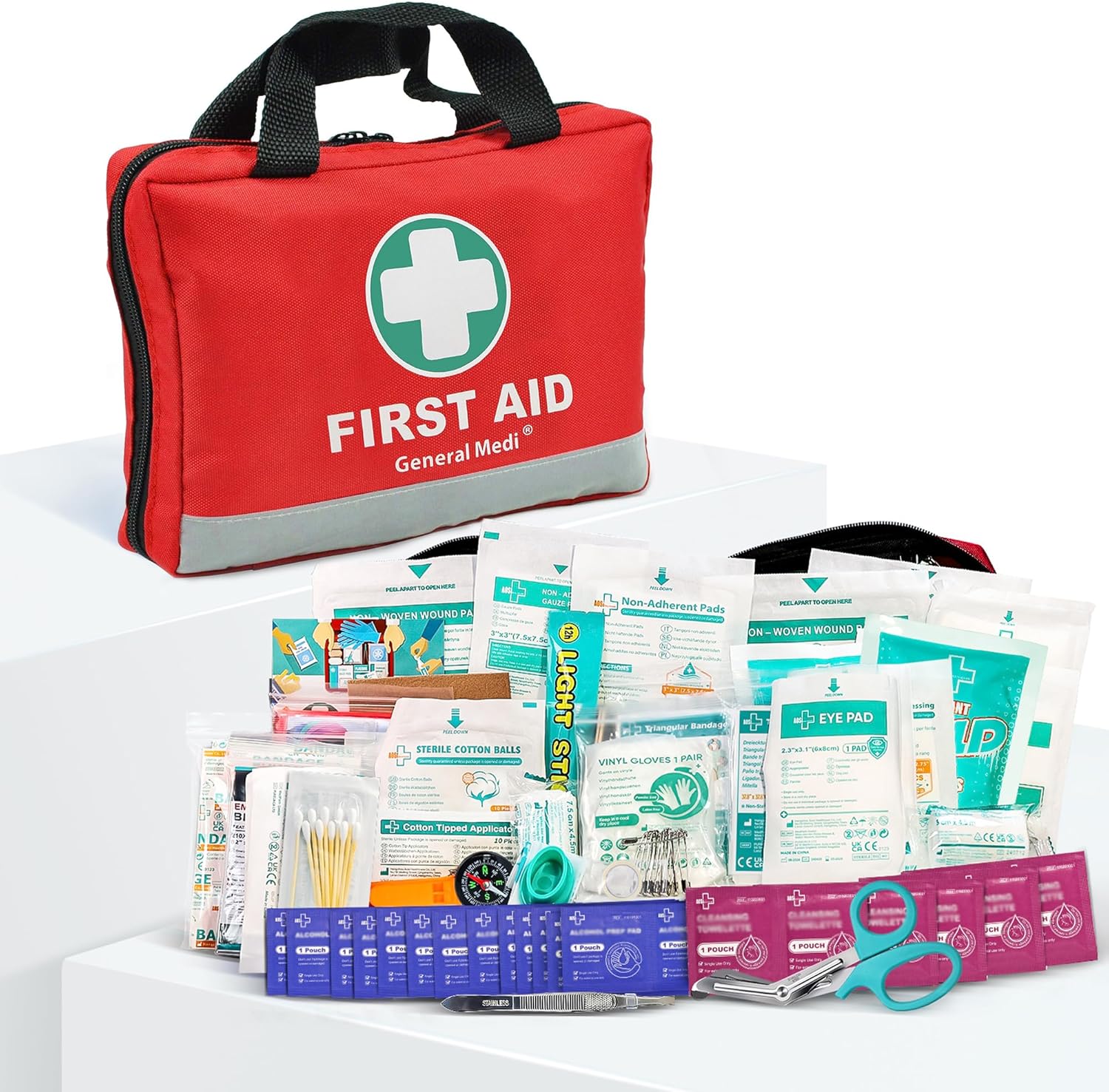 General Medi First Aid Kit -309 Pieces- Reflective Bag Design – Including Bandages, Moleskin Pad and Emergency Blanket for Travel, Home, Office, Car, Camping, Workplace General Medi First Aid Kit -309 Pieces- Reflective Bag Design – Including Bandages, Moleskin Pad and Emergency Blanket for Travel, Home, Office, Car, Camping, Workplace
