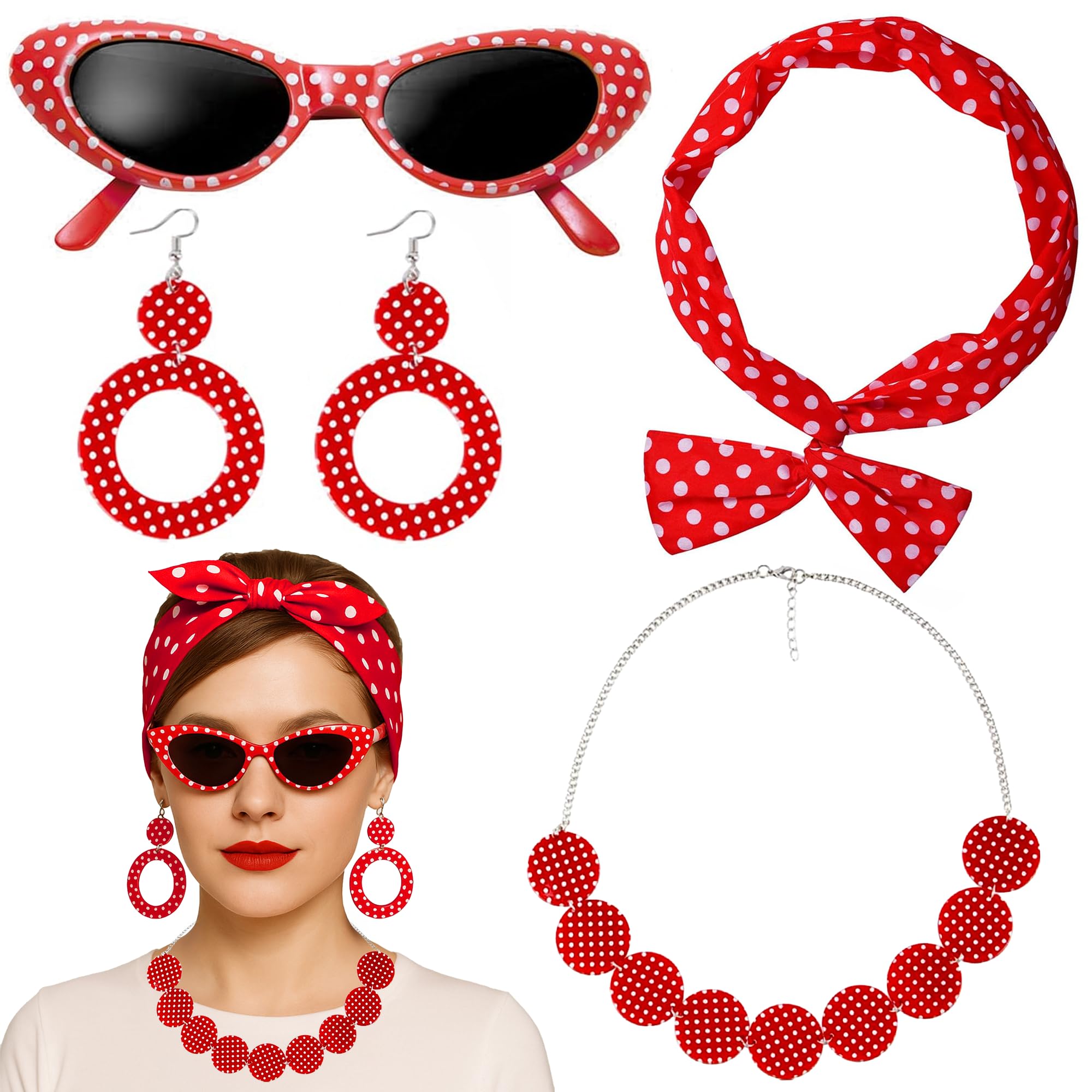 WickedFun Womens 50s Costume Accessories, Ladies Grease 1950s Fancy Dress Kit, Cat Eye Glasses