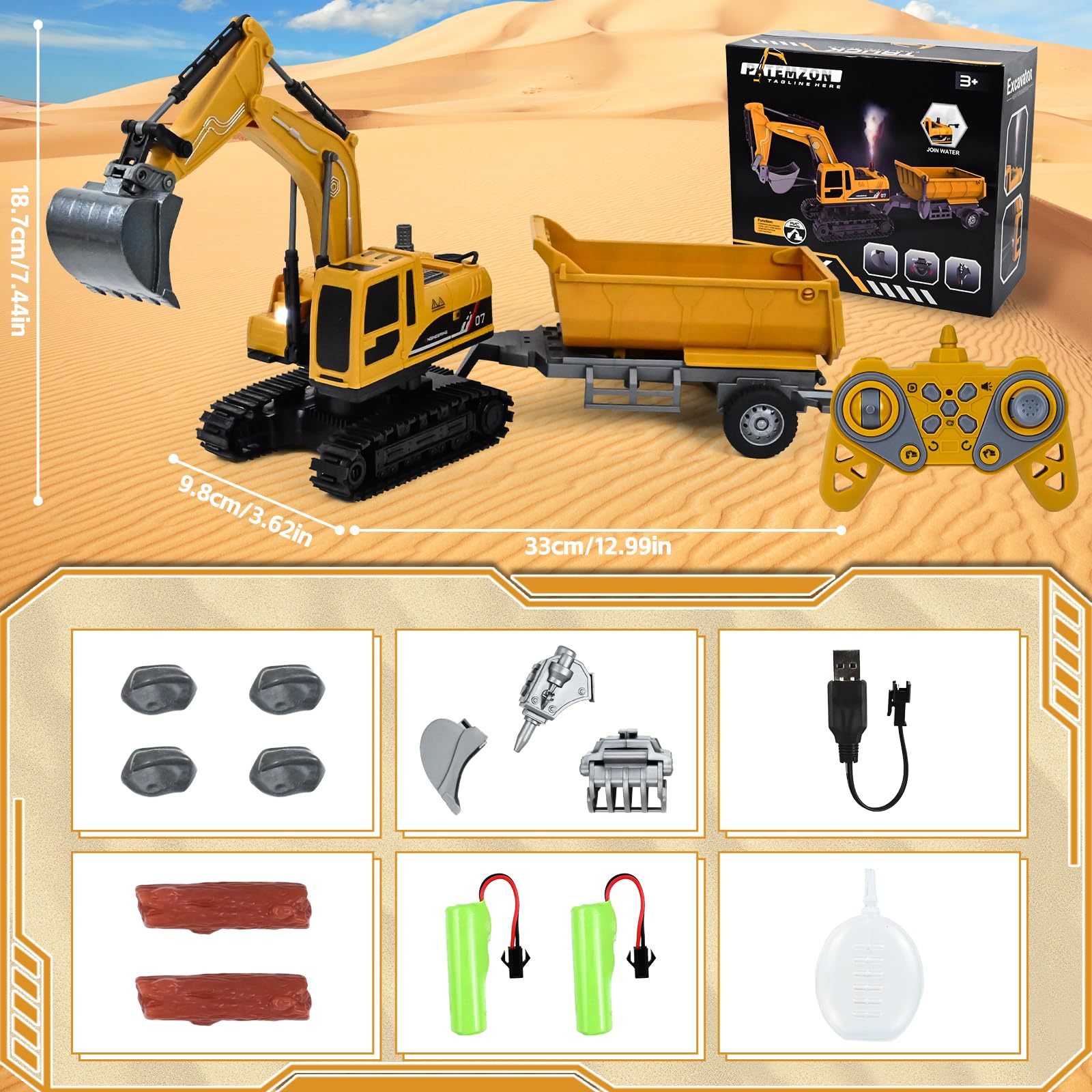 PATEMZON Excavatrice Télécommandée pour Enfants, Tractopelle Telecommandé avec Remorque, Bois et Pierres, Rechargeable RC Pelleteuse, Pelleteuse Télécommandée Cadeau de Noël Enfant 3-8 Ans