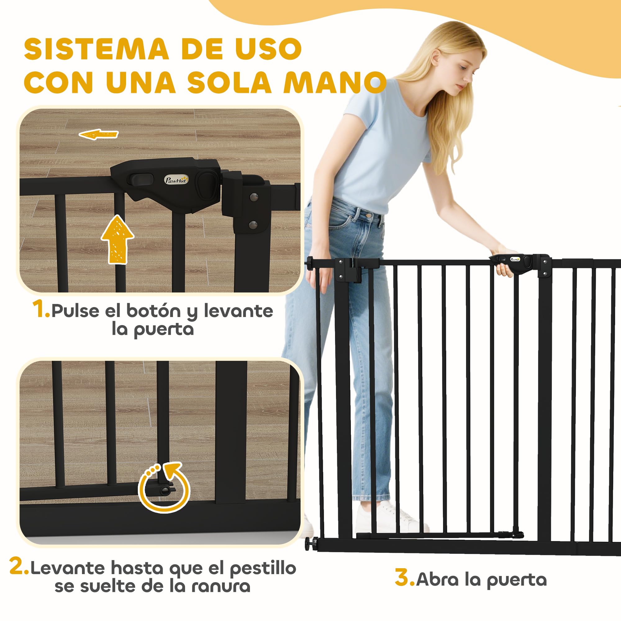 PawHut Barrera de Seguridad para Perros Extensible 74-94 cm Negro | para Puertas y Escaleras, Cierre Automático, Montaje a Presión, Doble Bloqueo, 3 Extensiones 17,5/20,3/30,5 cm