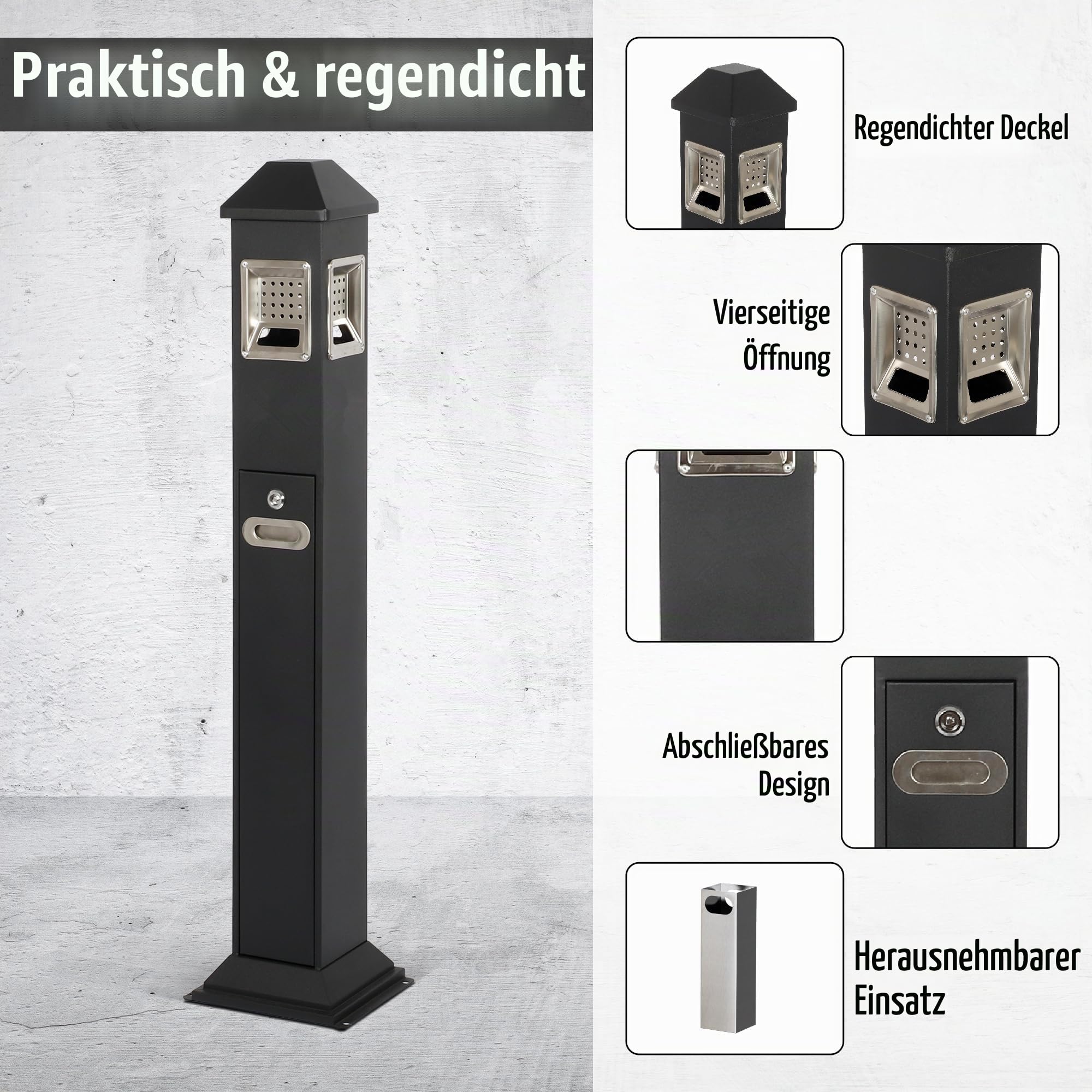 1,2 m freistehender Papierkorb mit 4 Körben, wasserdicht Mülleimer Büro aus Edelstahl mit Schlüssel, vertikaler Papiereimer, Metall trash can für Pub Hotel Restaurant Garten