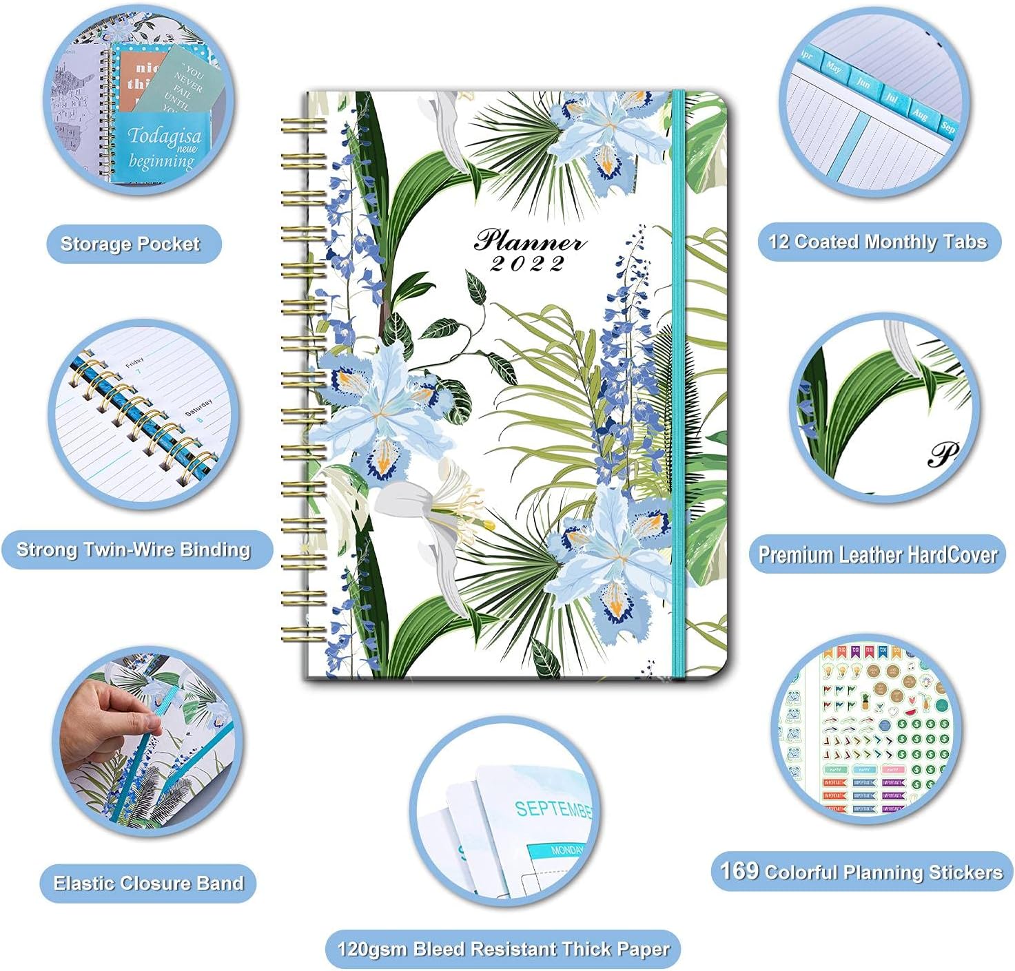 Nitukany 2022 Planner - Weekly & Monthly Planner with Tabs, Jan 2022 - Dec 2022, 8.5'' x 6.3'', Hardcover with Elastic Closure,Twin-Wire Binding,Thick Paper, Inner Pocket, Planner Sticker