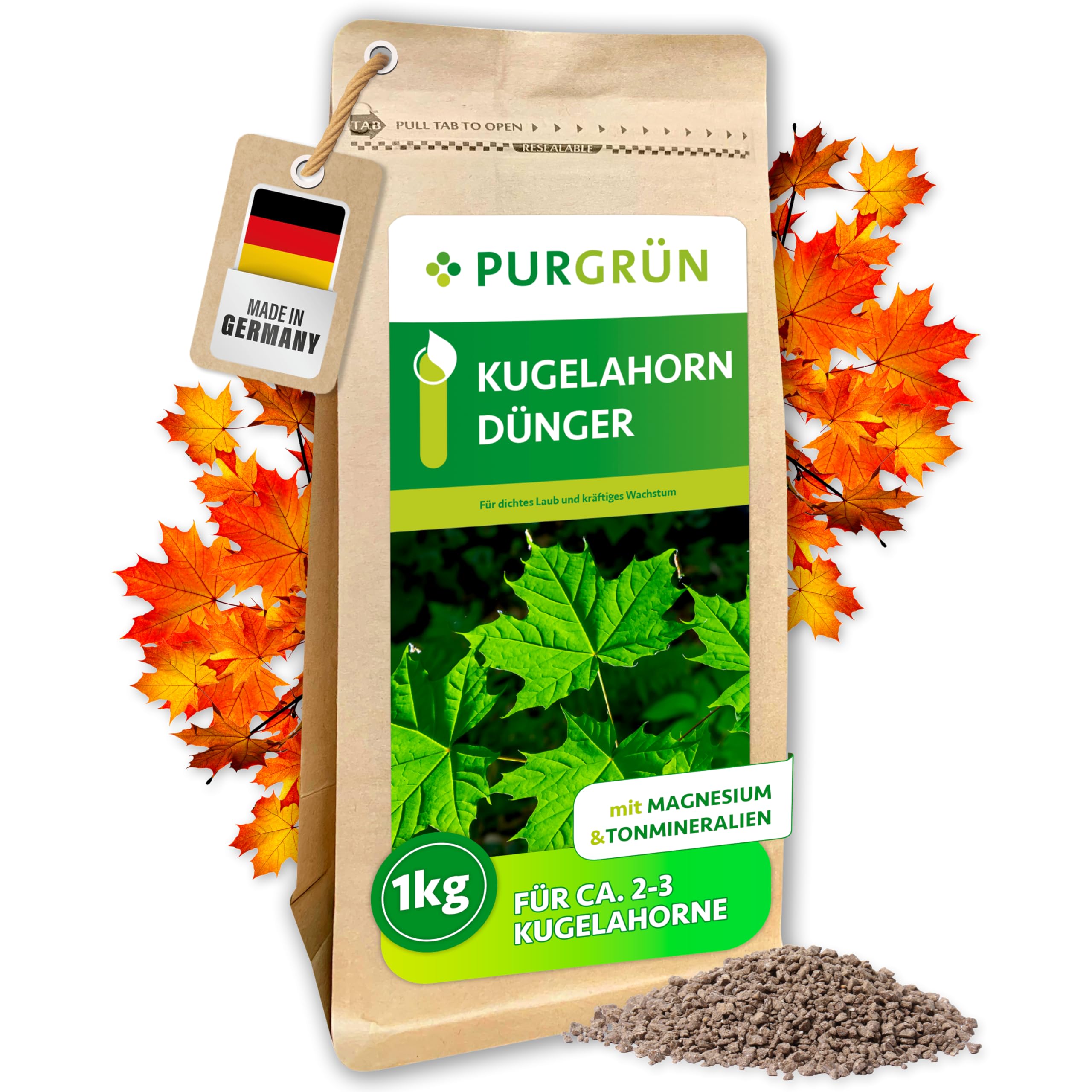 Kugelahorn-Dünger 1 kg – Organisch-mineralische Rezeptur – Feinkörniges Krümelgranulat – NPK 8+4+5 – Extra Magnesium für eine leuchtende Blattfärbung – Verbessert die Bodenqualität